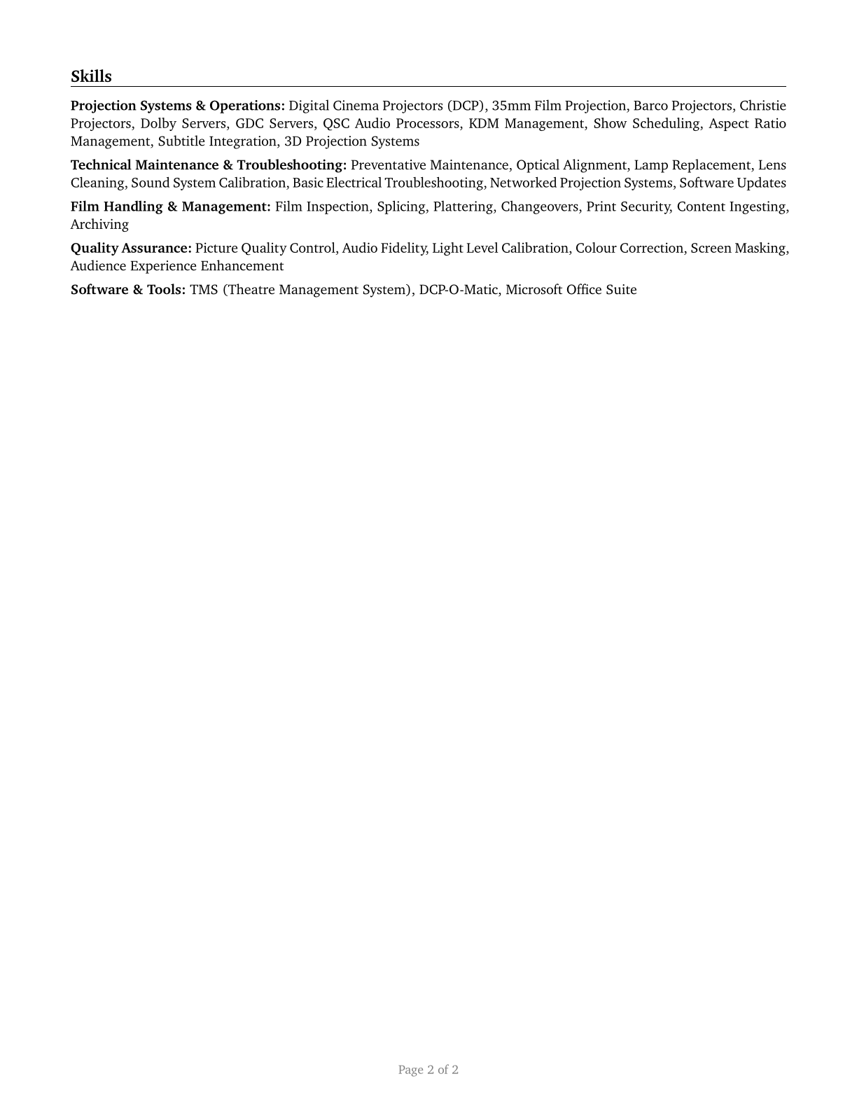 Motion Picture Projectionists CV in English — page 2