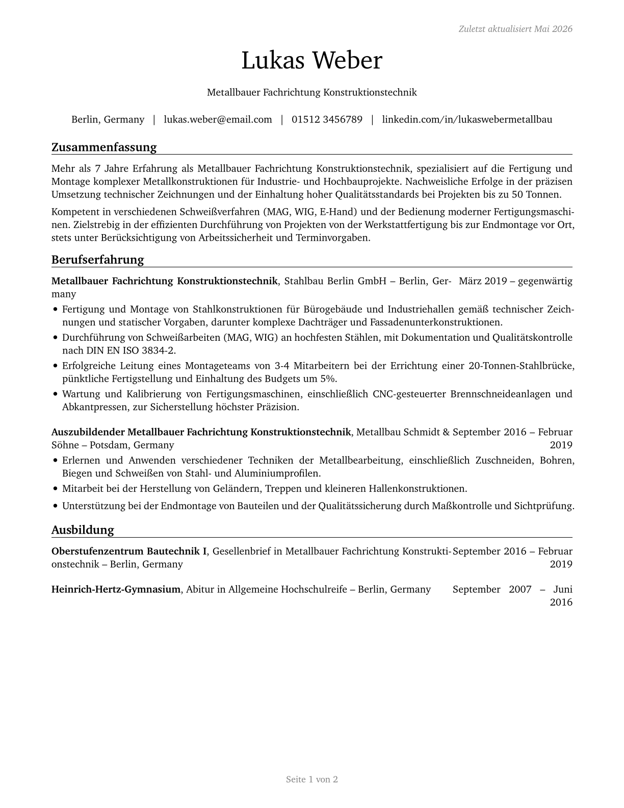 Structural Metal Fabricators and Fitters CV in German — page 1