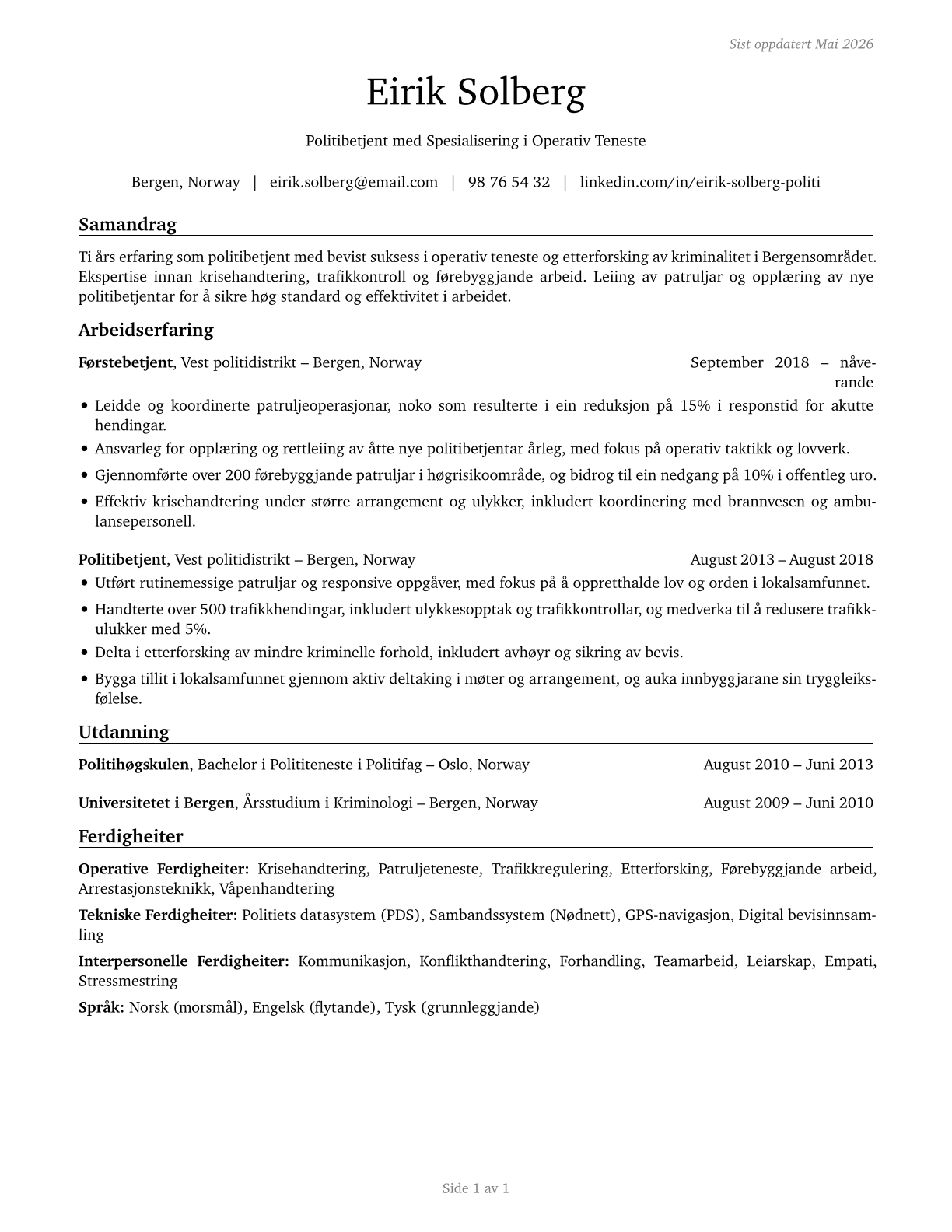 Police and Sheriff's Patrol Officers CV in Norwegian_nynorsk — page 1