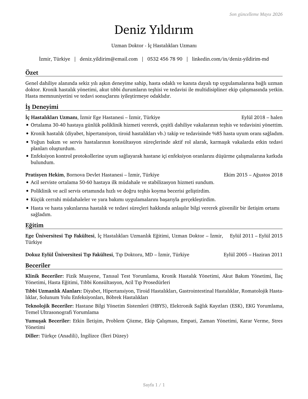 Physicians, All Other CV in Turkish — page 1