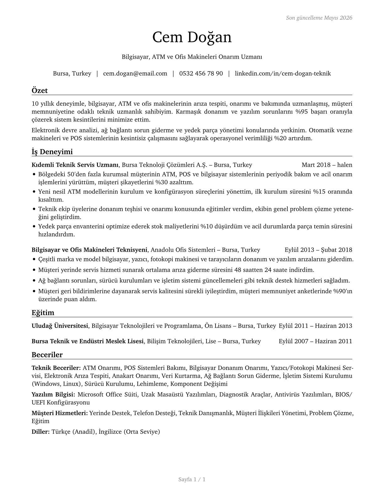 Computer, Automated Teller, and Office Machine Repairers CV in Turkish — page 1