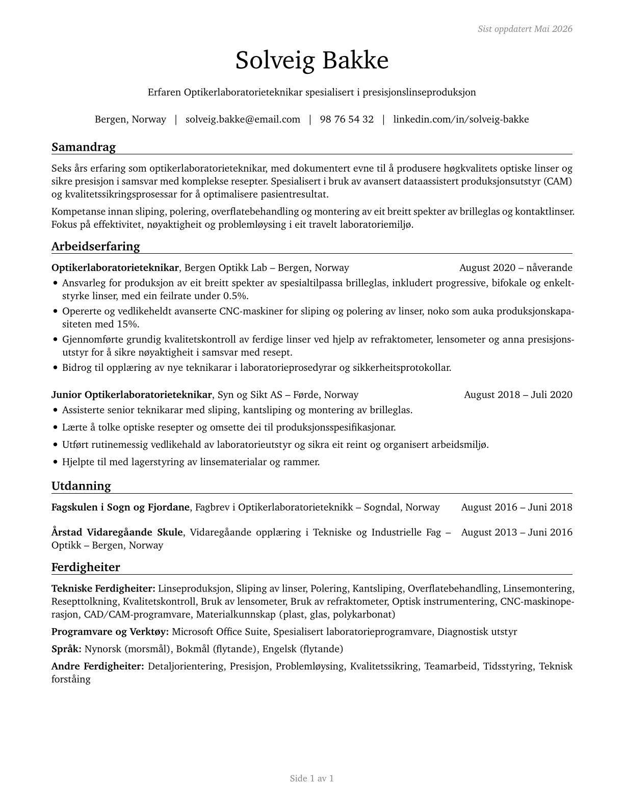 Ophthalmic Laboratory Technicians CV in Norwegian_nynorsk — page 1