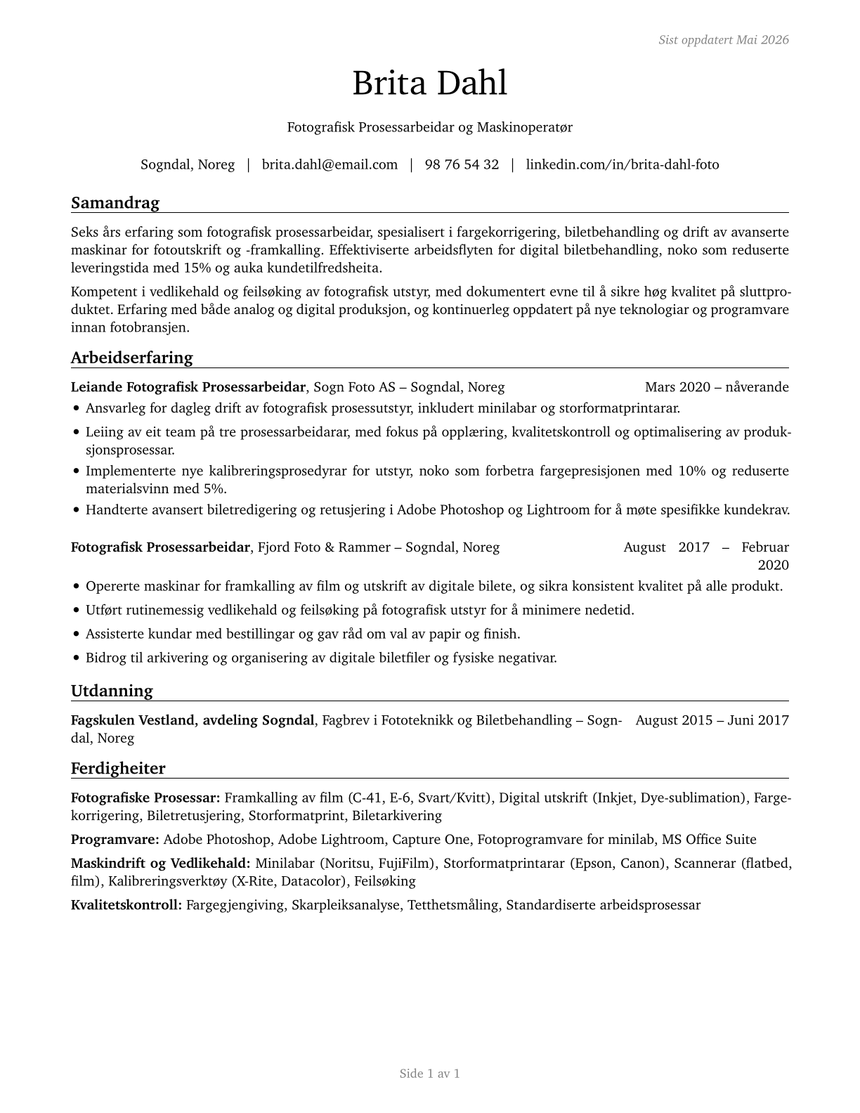 Photographic Process Workers and Processing Machine Operators CV in Norwegian_nynorsk — page 1