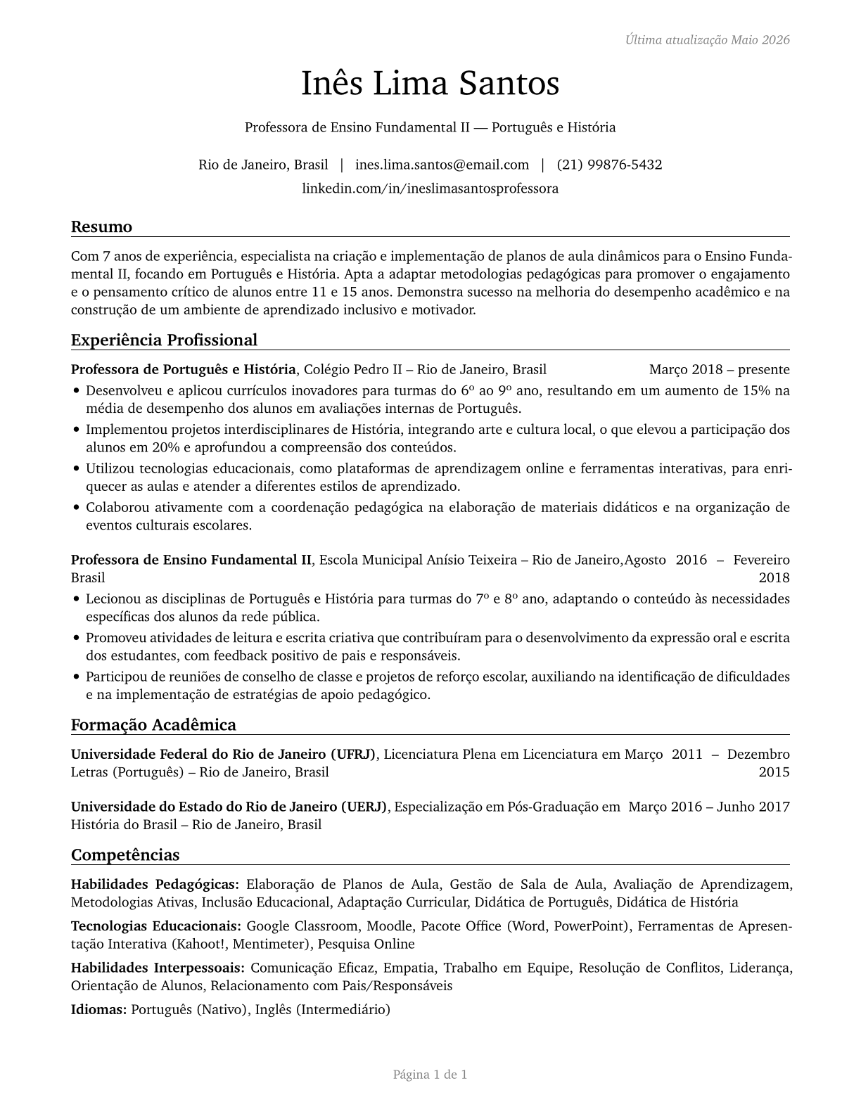 Middle School Teachers, Except Special and Career/Technical Education CV in Portuguese — page 1