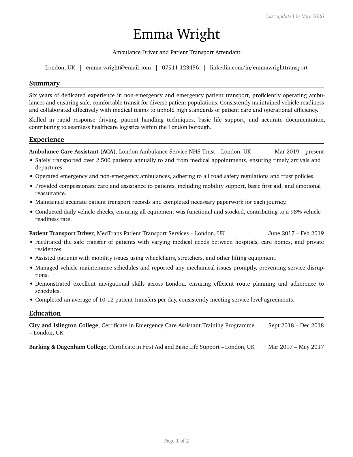 Ambulance Drivers and Attendants, Except Emergency Medical Technicians CV in English — page 1