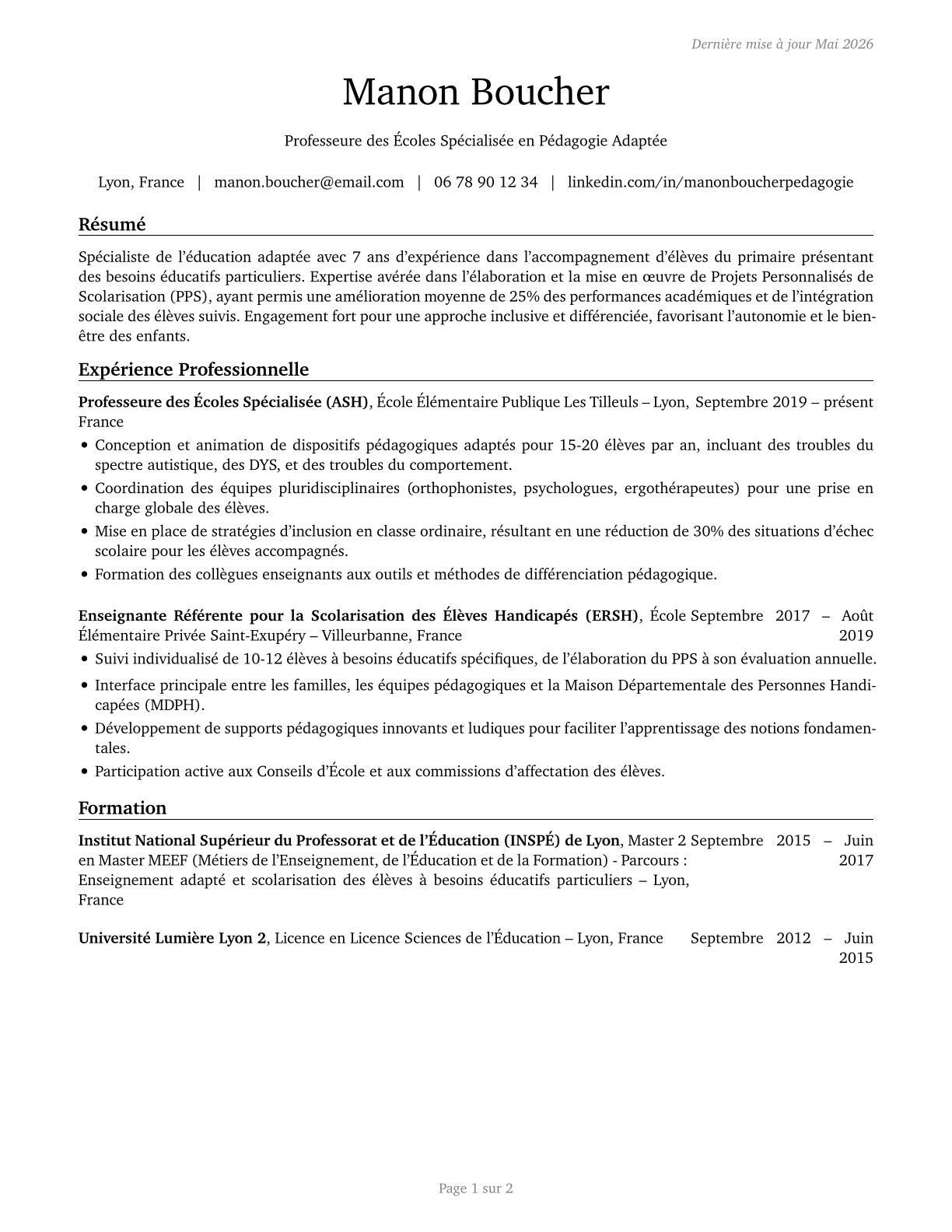 Special Education Teachers, Elementary School CV in French — page 1