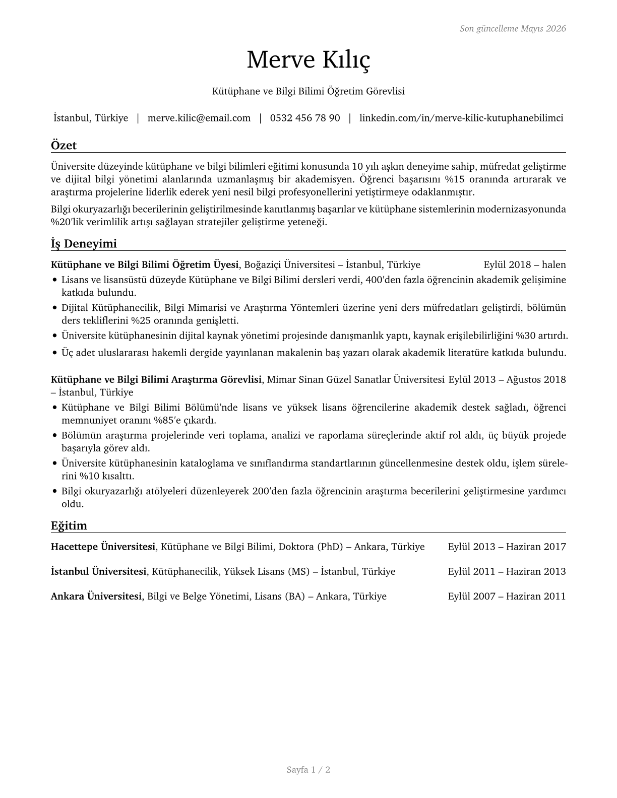 Library Science Teachers, Postsecondary CV in Turkish — page 1