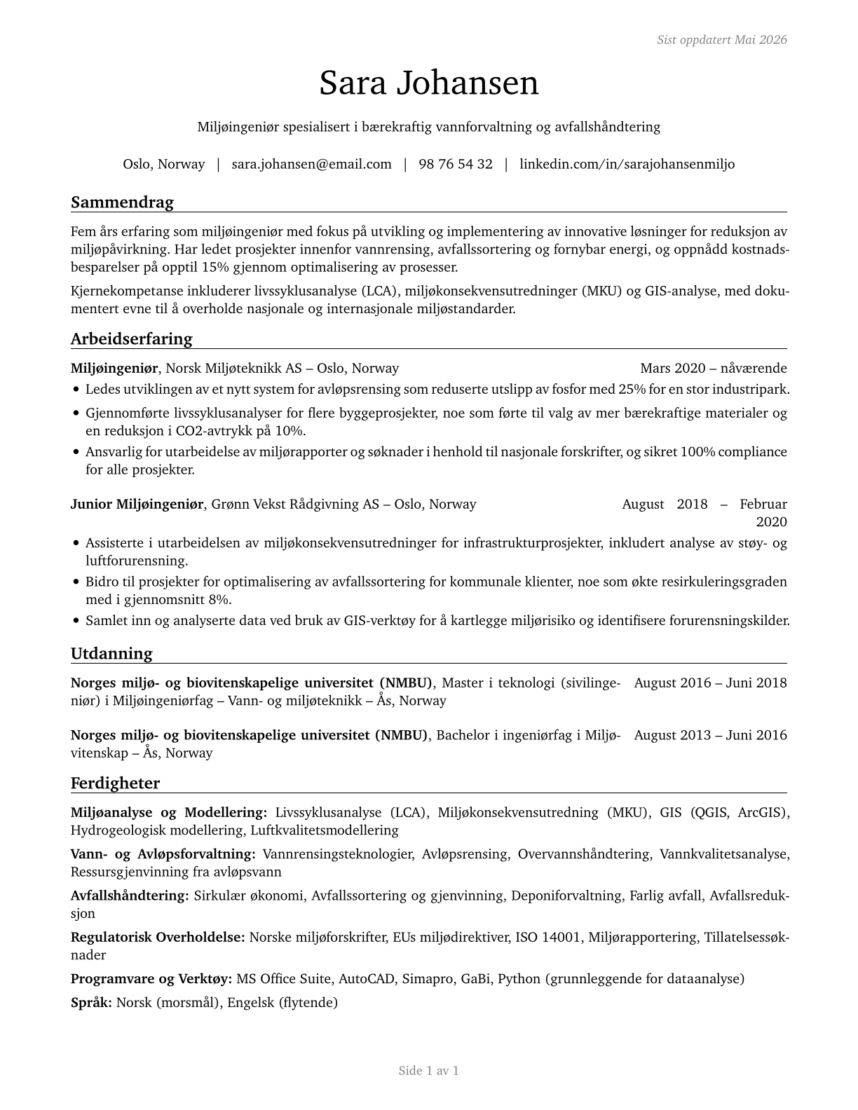 Environmental Engineers CV in Norwegian_bokmal — page 1
