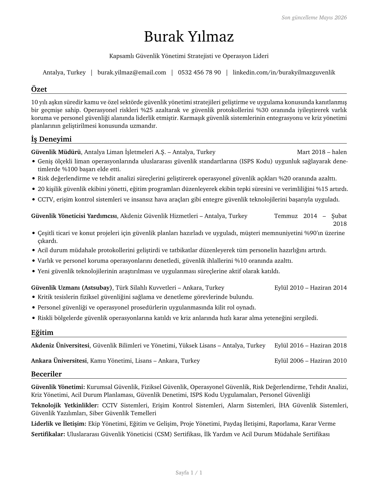 Security Management Specialists CV in Turkish — page 1
