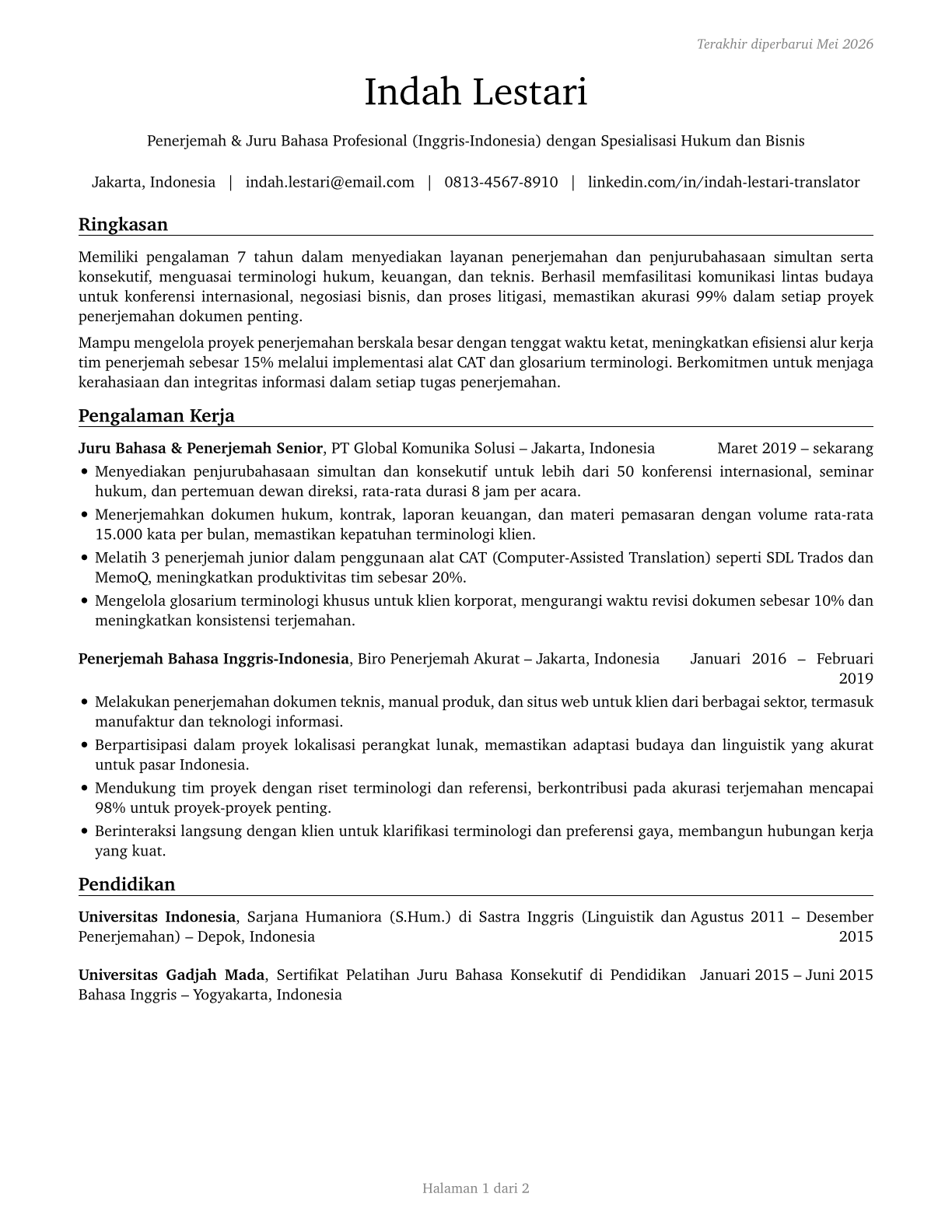 Interpreters and Translators CV in Indonesian — page 1