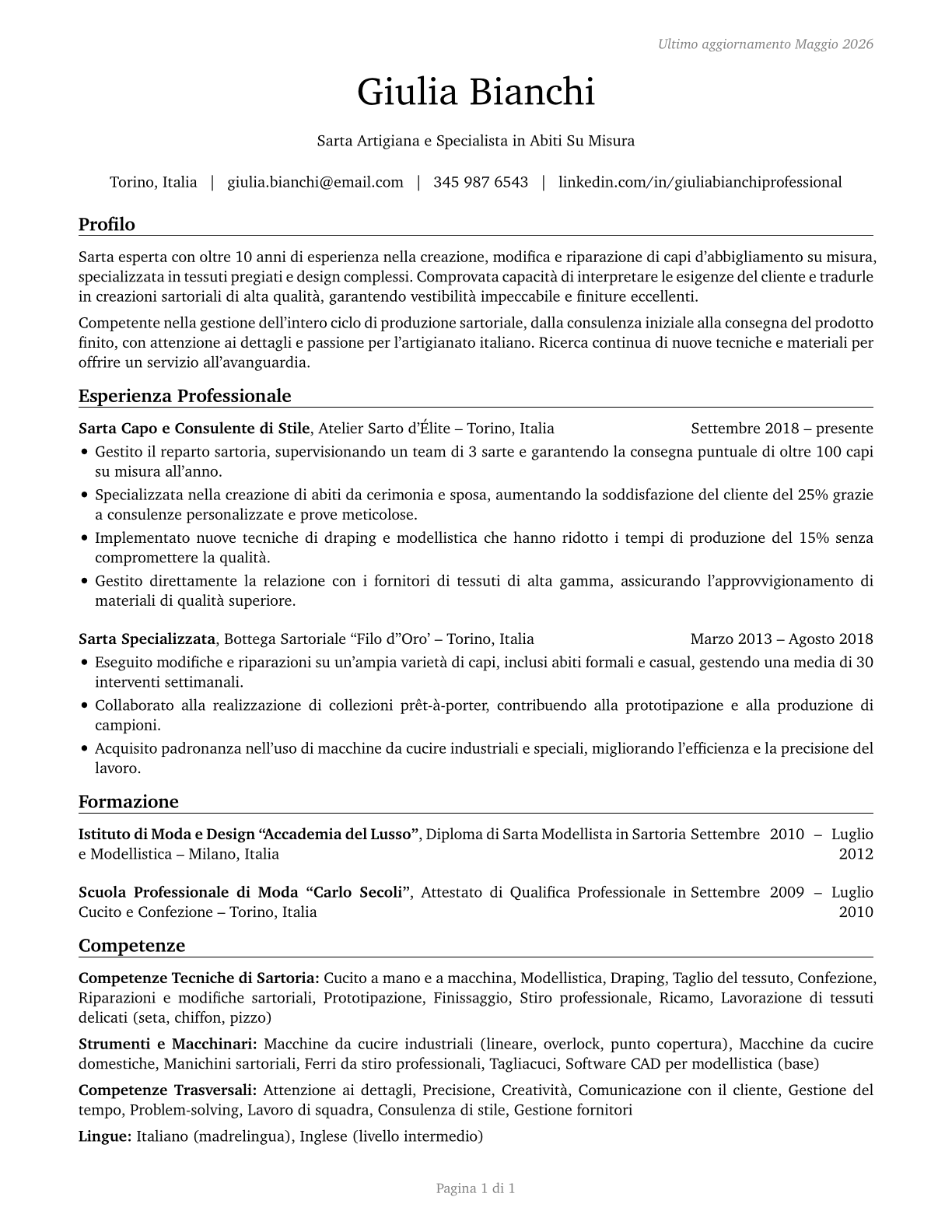 Tailors, Dressmakers, and Custom Sewers CV in Italian — page 1