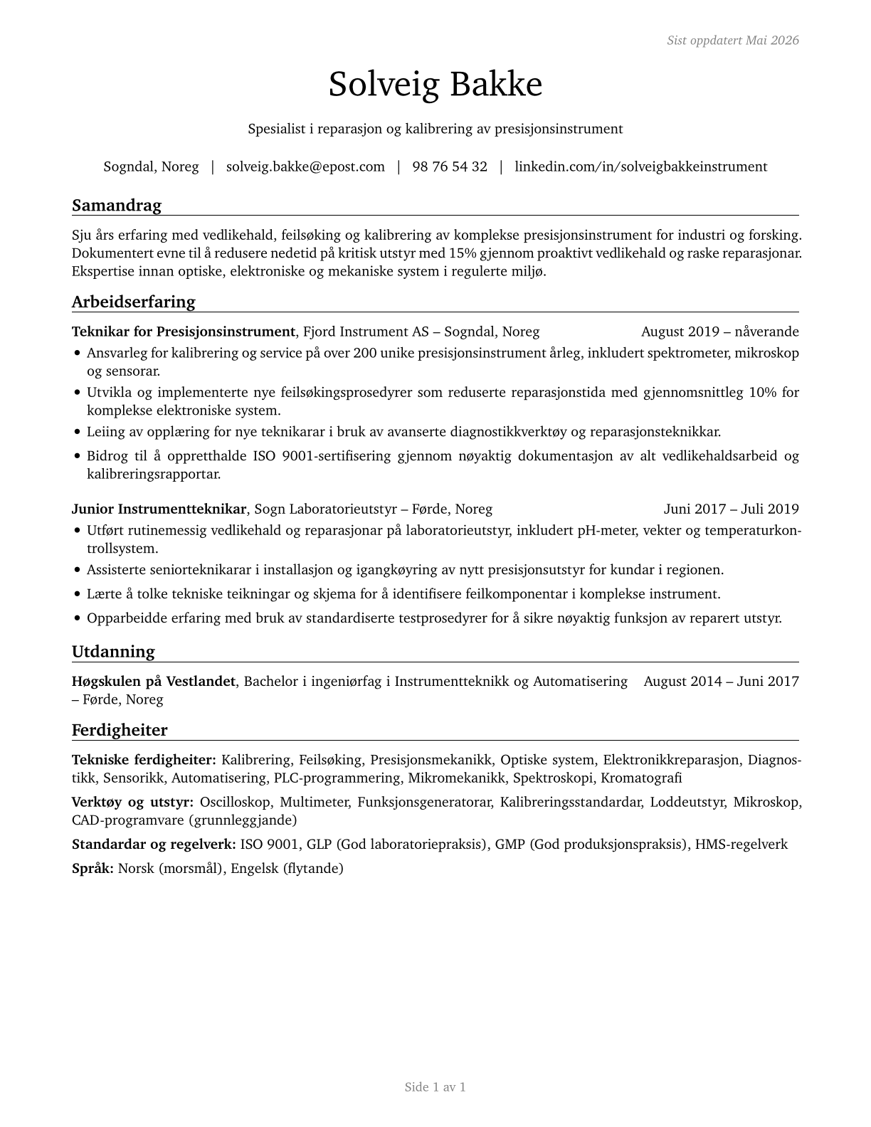 Precision Instrument and Equipment Repairers, All Other CV in Norwegian_nynorsk — page 1