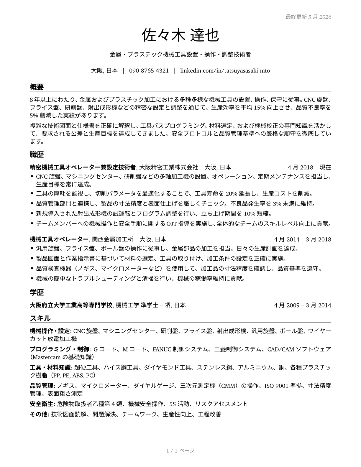 Multiple Machine Tool Setters, Operators, and Tenders, Metal and Plastic CV in Japanese — page 1