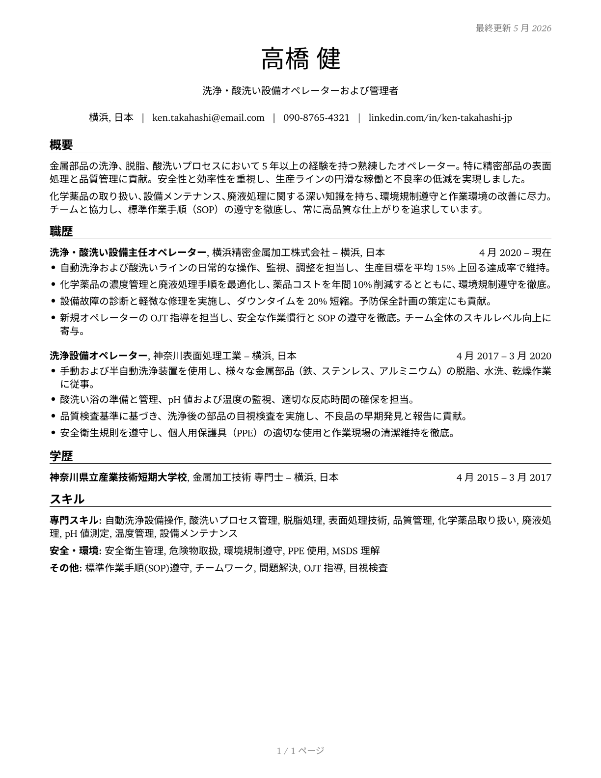 Cleaning, Washing, and Metal Pickling Equipment Operators and Tenders CV in Japanese — page 1
