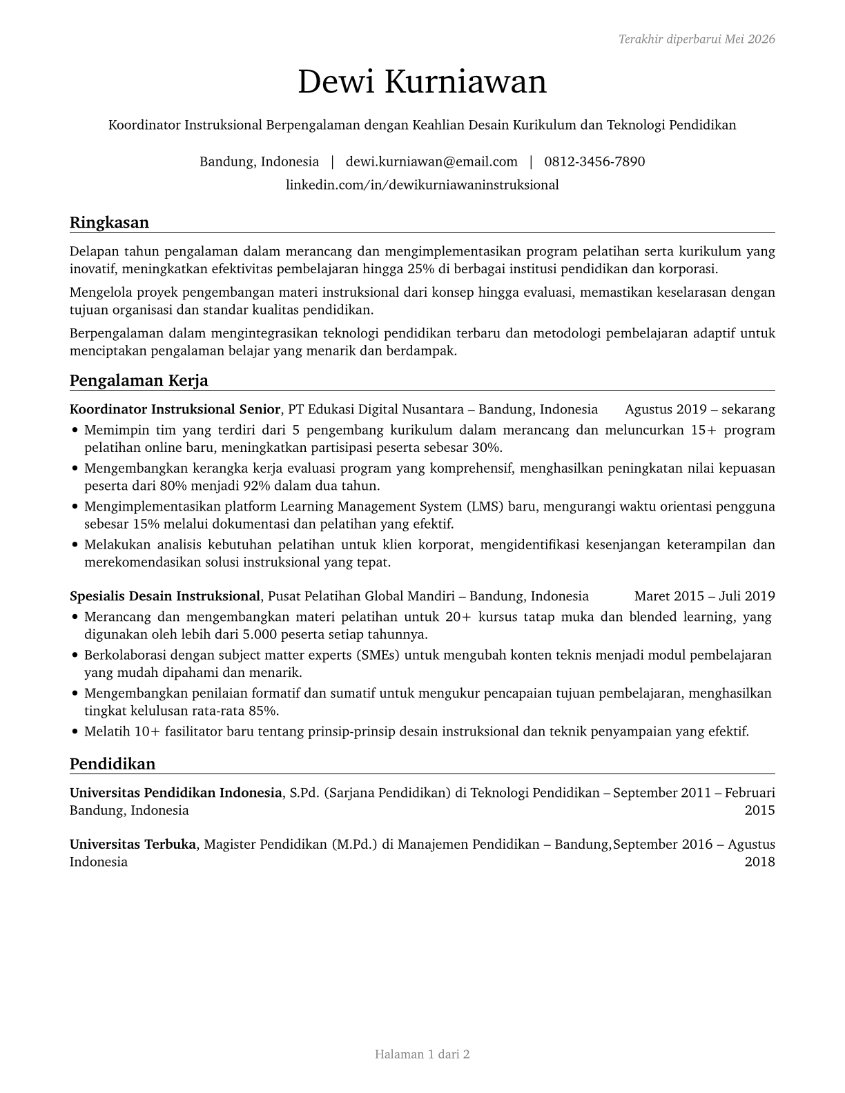 Instructional Coordinators CV in Indonesian — page 1