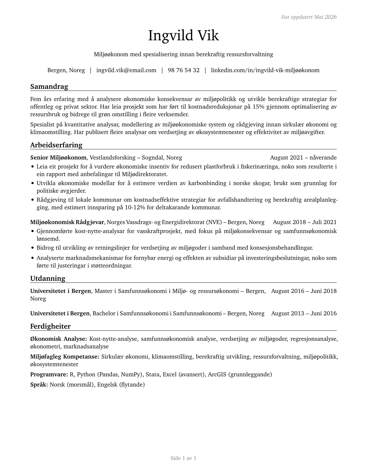 Environmental Economists CV in Norwegian_nynorsk — page 1