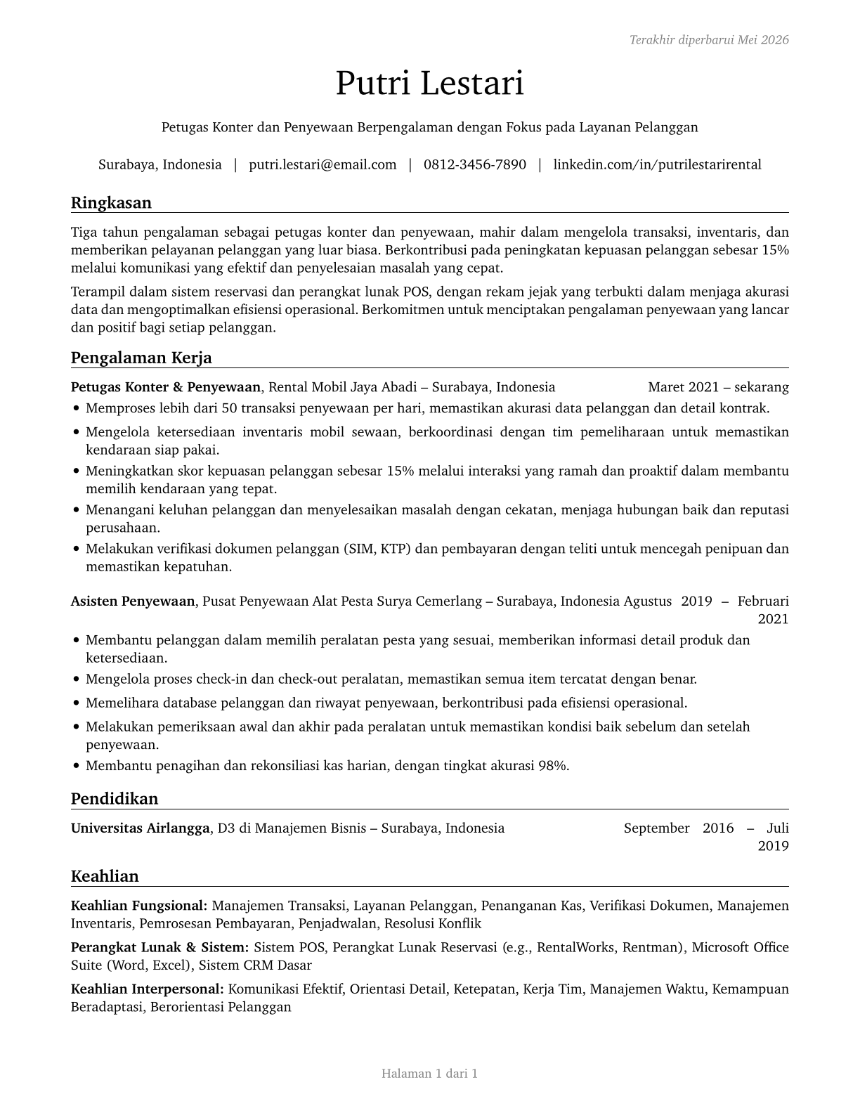 Counter and Rental Clerks CV in Indonesian — page 1