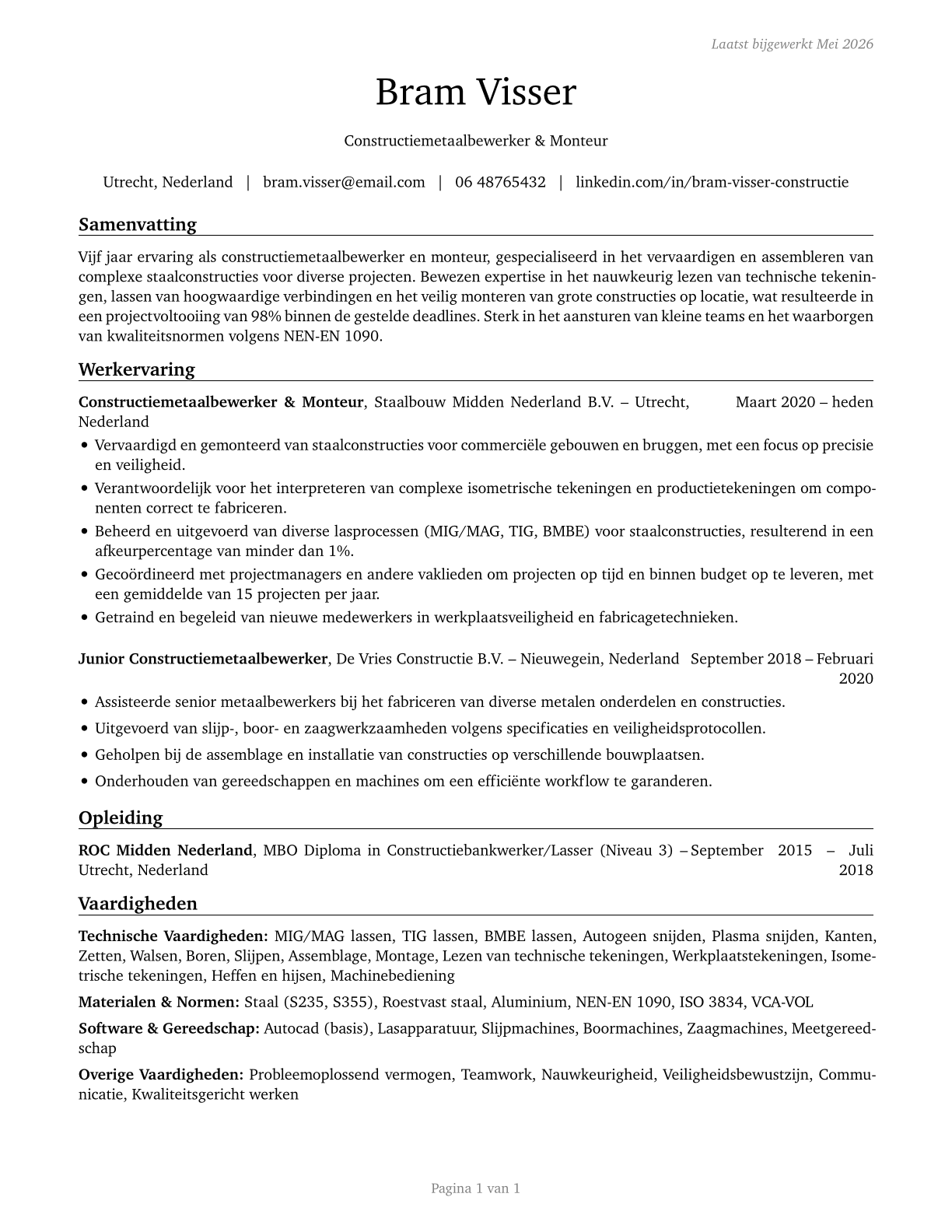 Structural Metal Fabricators and Fitters CV in Dutch — page 1