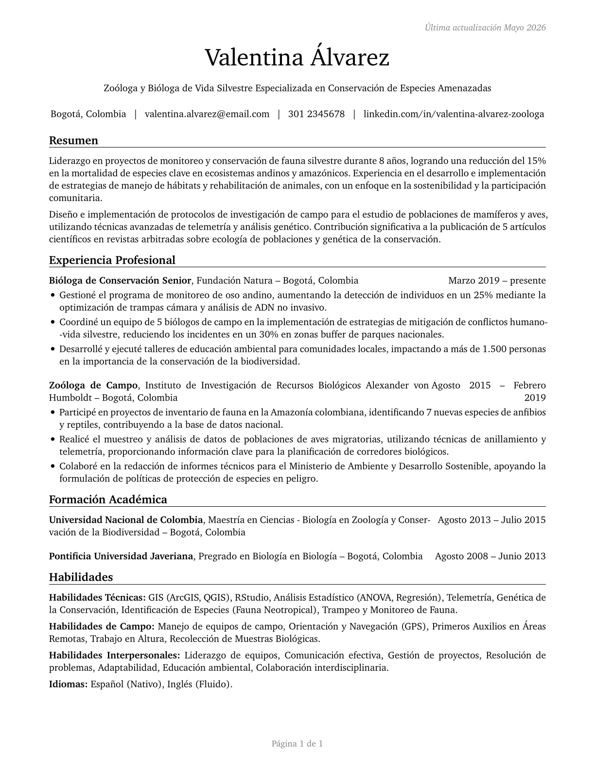 Zoologists and Wildlife Biologists CV in Spanish — page 1