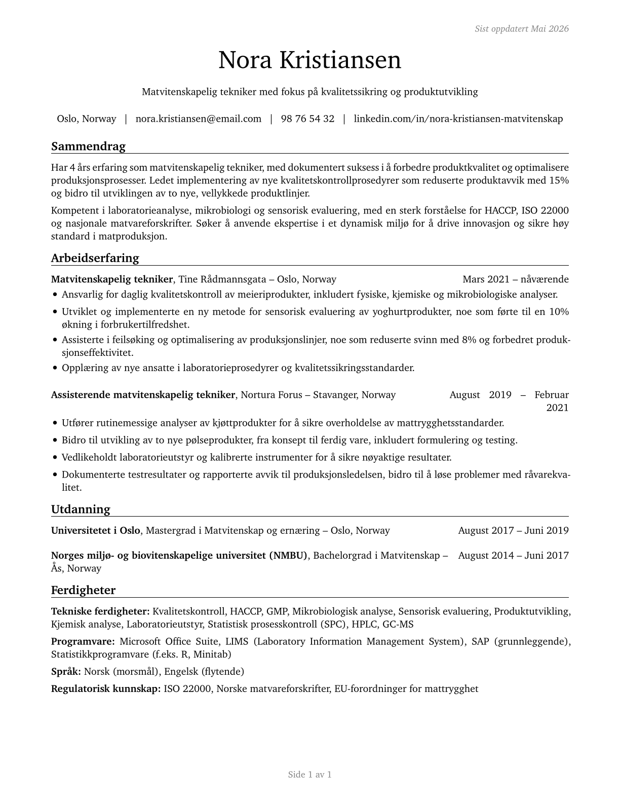 Food Science Technicians CV in Norwegian_bokmal — page 1