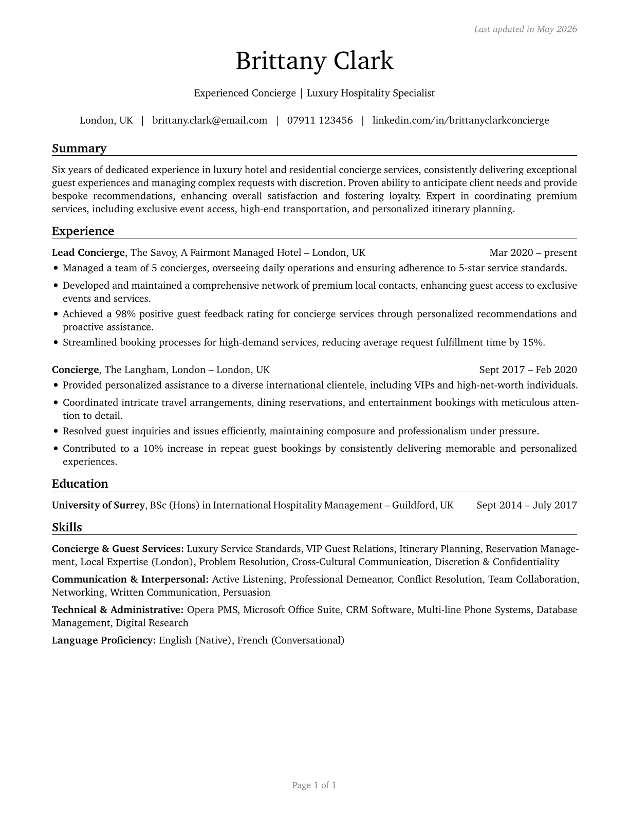 Concierges CV in English — page 1