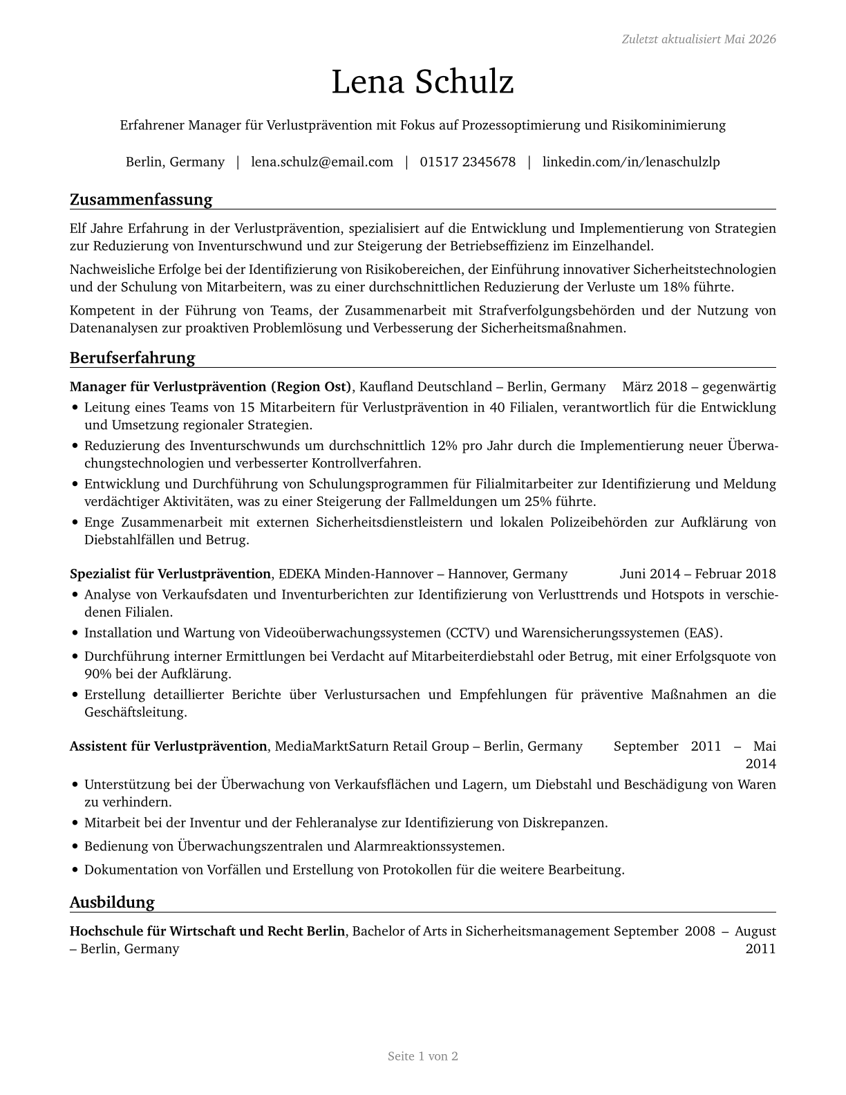 Loss Prevention Managers CV in German — page 1