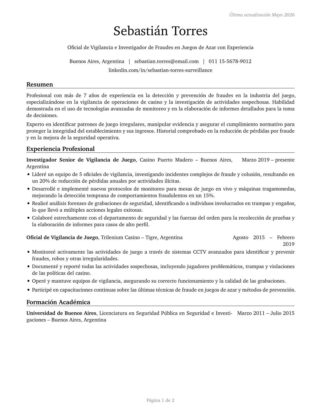 Gambling Surveillance Officers and Gambling Investigators CV in Spanish — page 1
