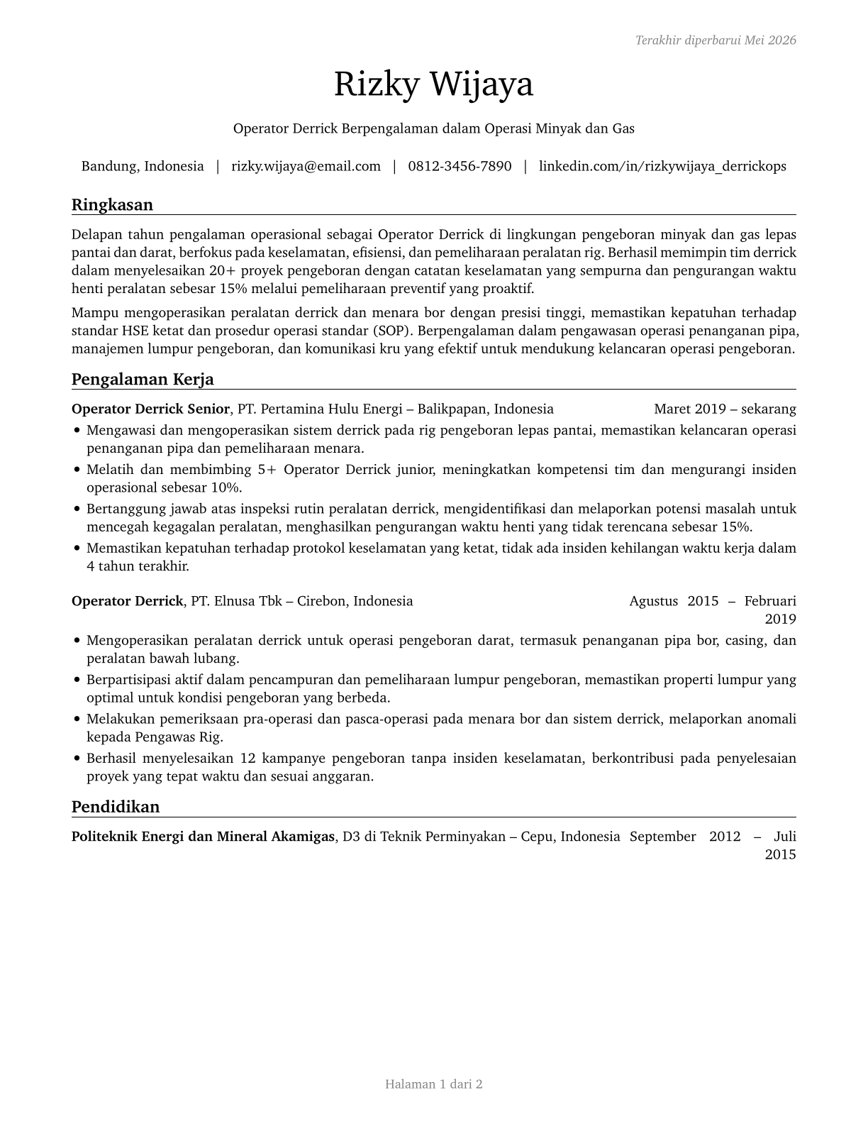 Derrick Operators, Oil and Gas CV in Indonesian — page 1