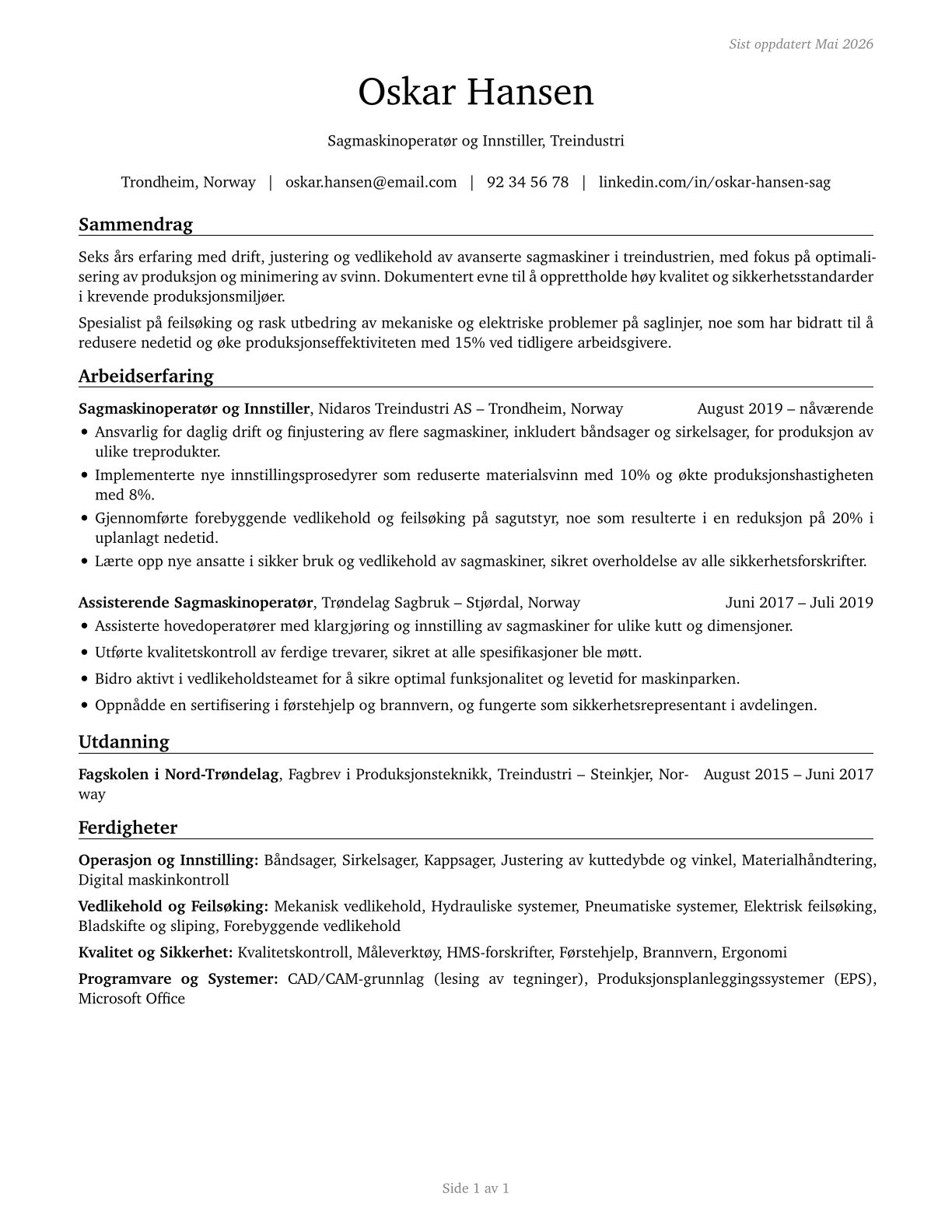 Sawing Machine Setters, Operators, and Tenders, Wood CV in Norwegian_bokmal — page 1