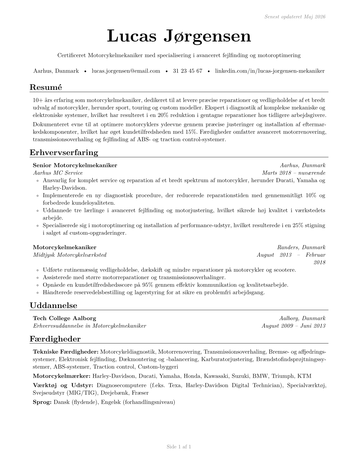 Motorcycle Mechanics CV in Danish — page 1