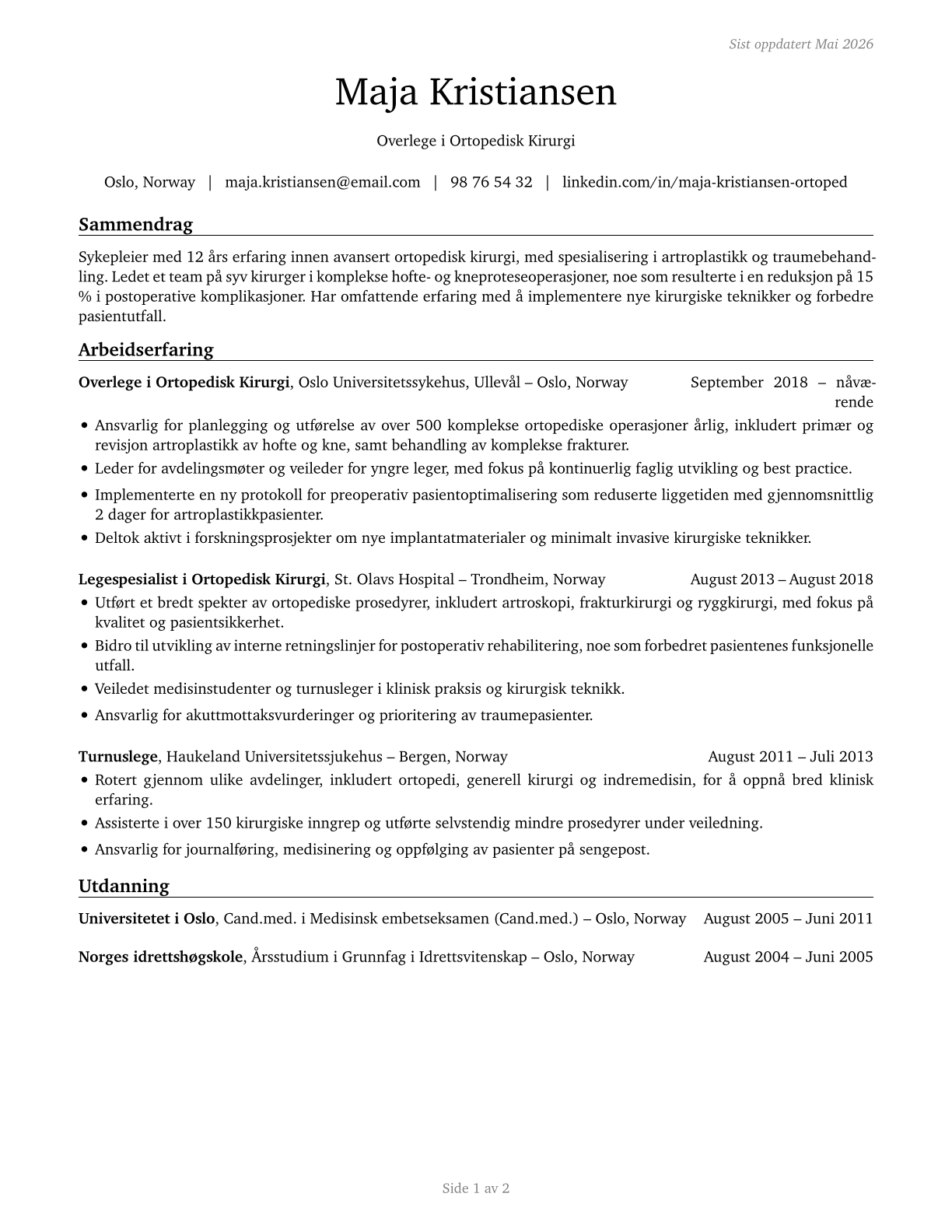 Orthopedic Surgeons, Except Pediatric CV in Norwegian_bokmal — page 1