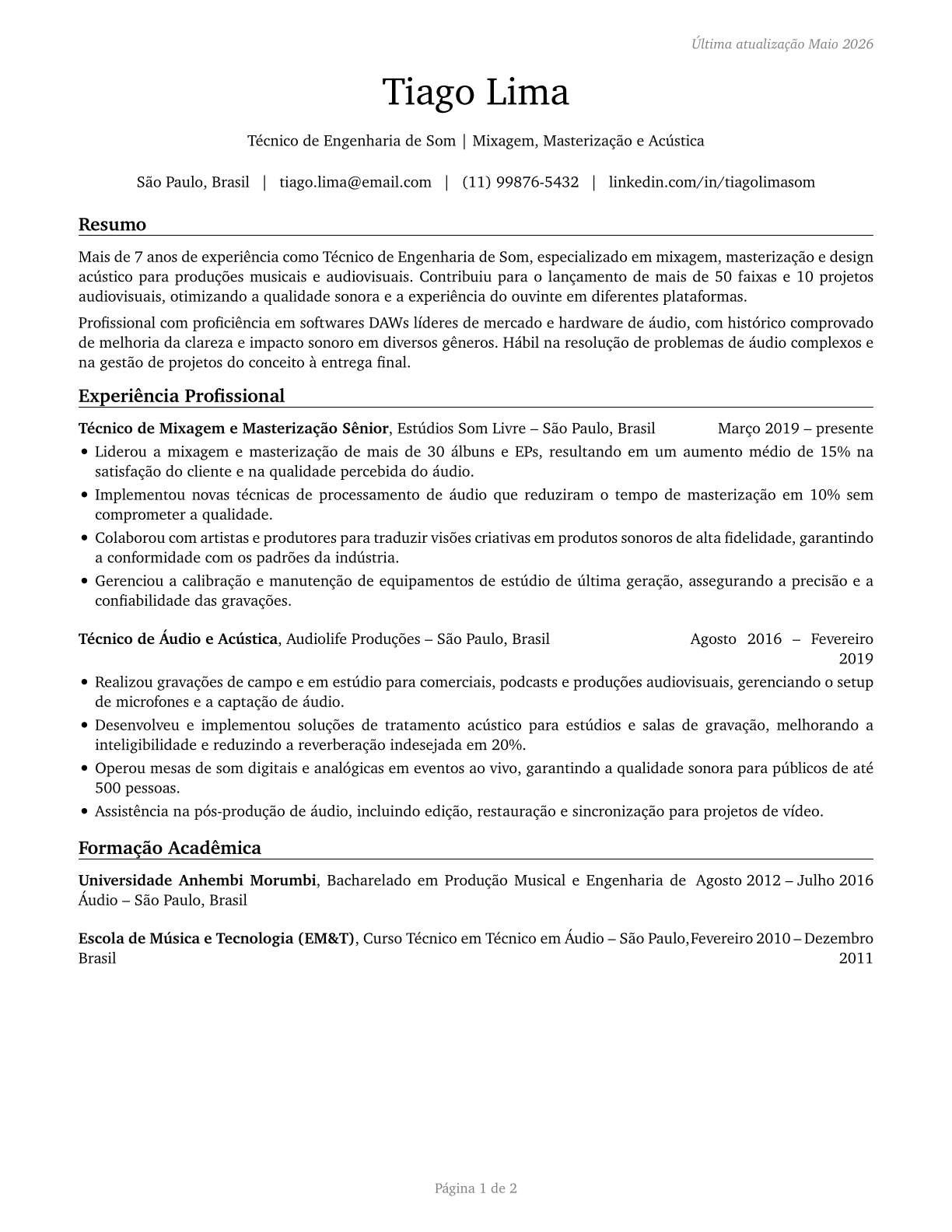Sound Engineering Technicians CV in Portuguese — page 1