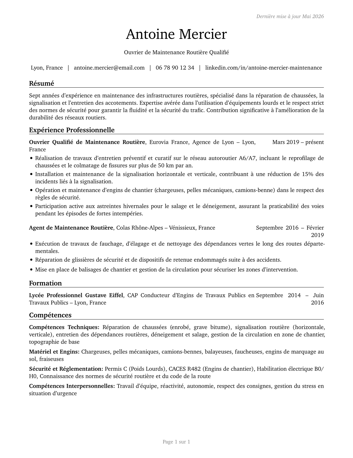 Highway Maintenance Workers CV in French — page 1