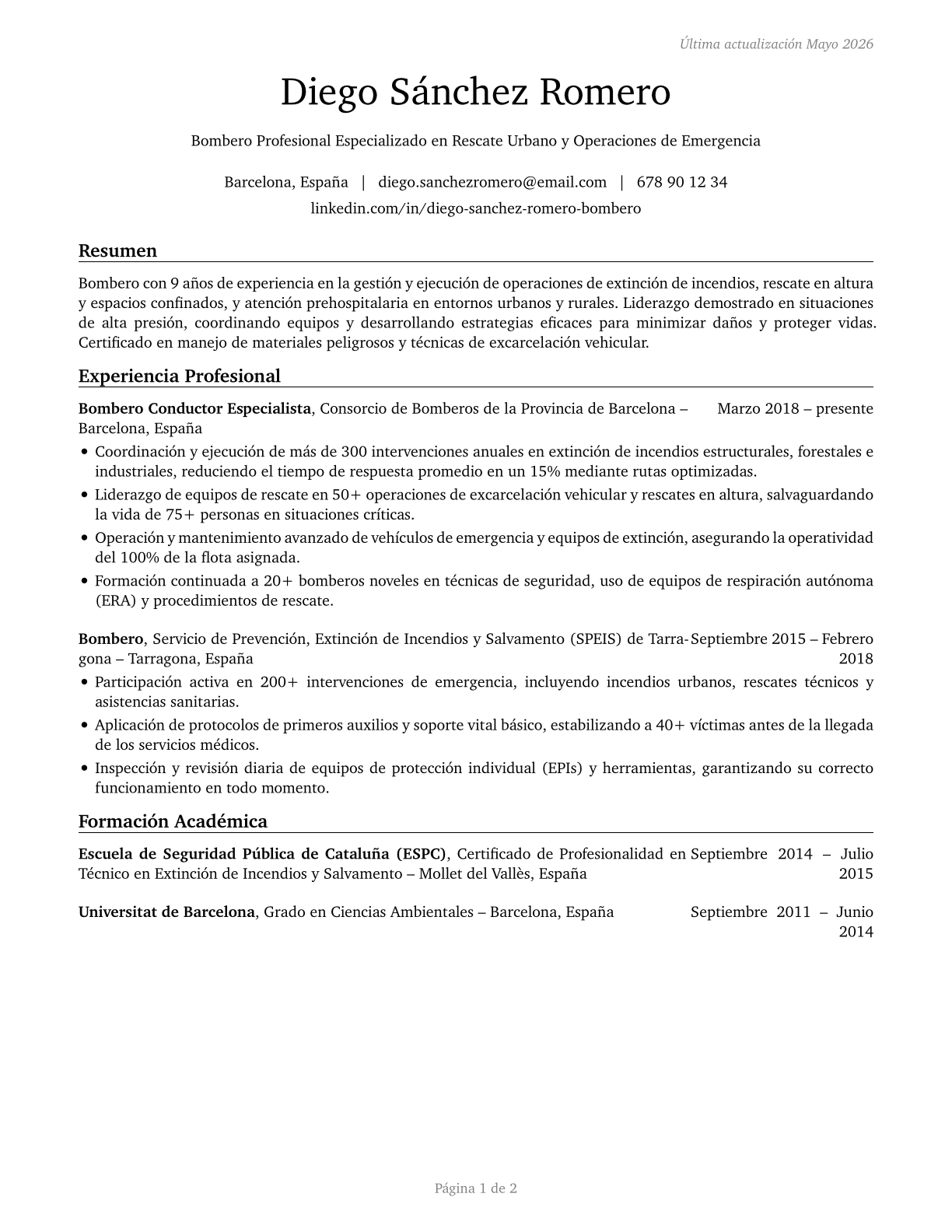 Firefighters CV in Spanish — page 1
