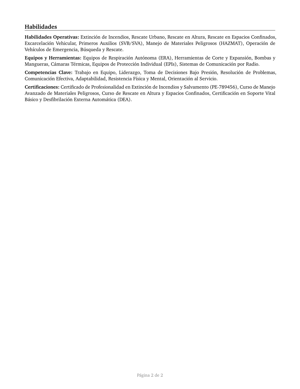 Firefighters CV in Spanish — page 2
