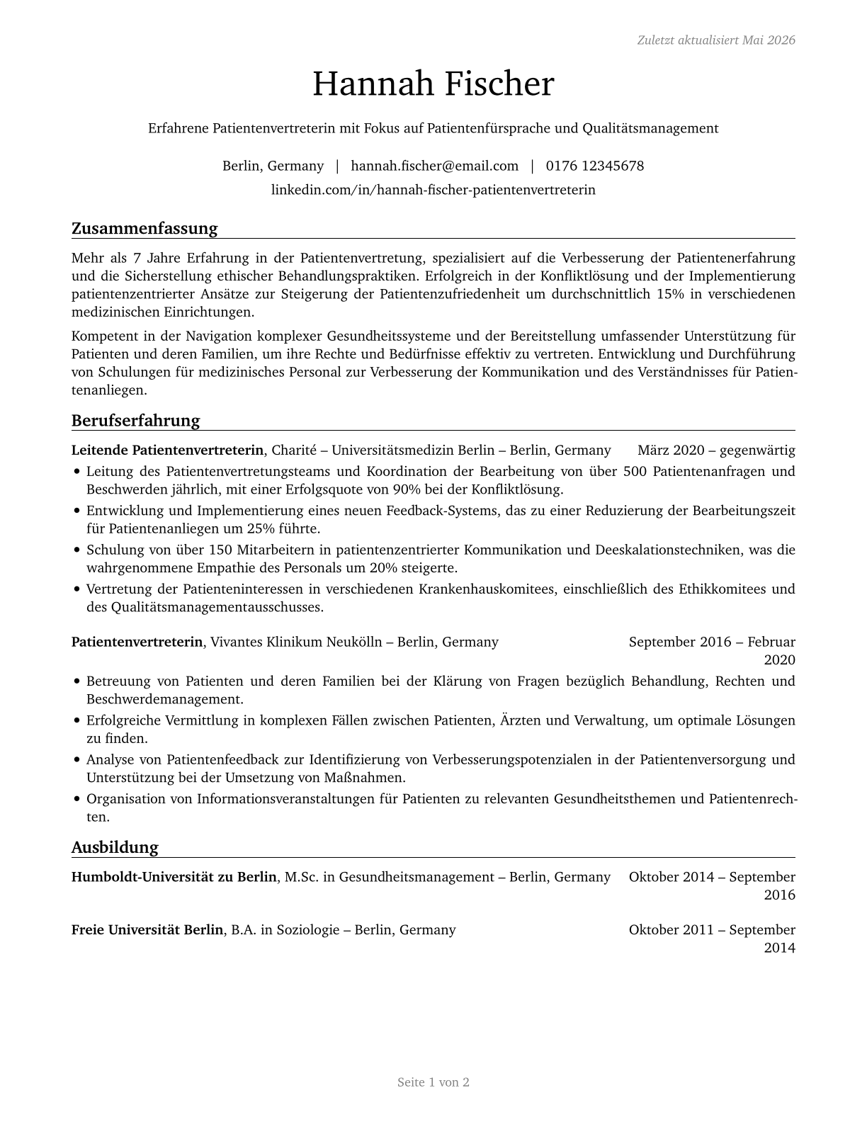Patient Representatives CV in German — page 1