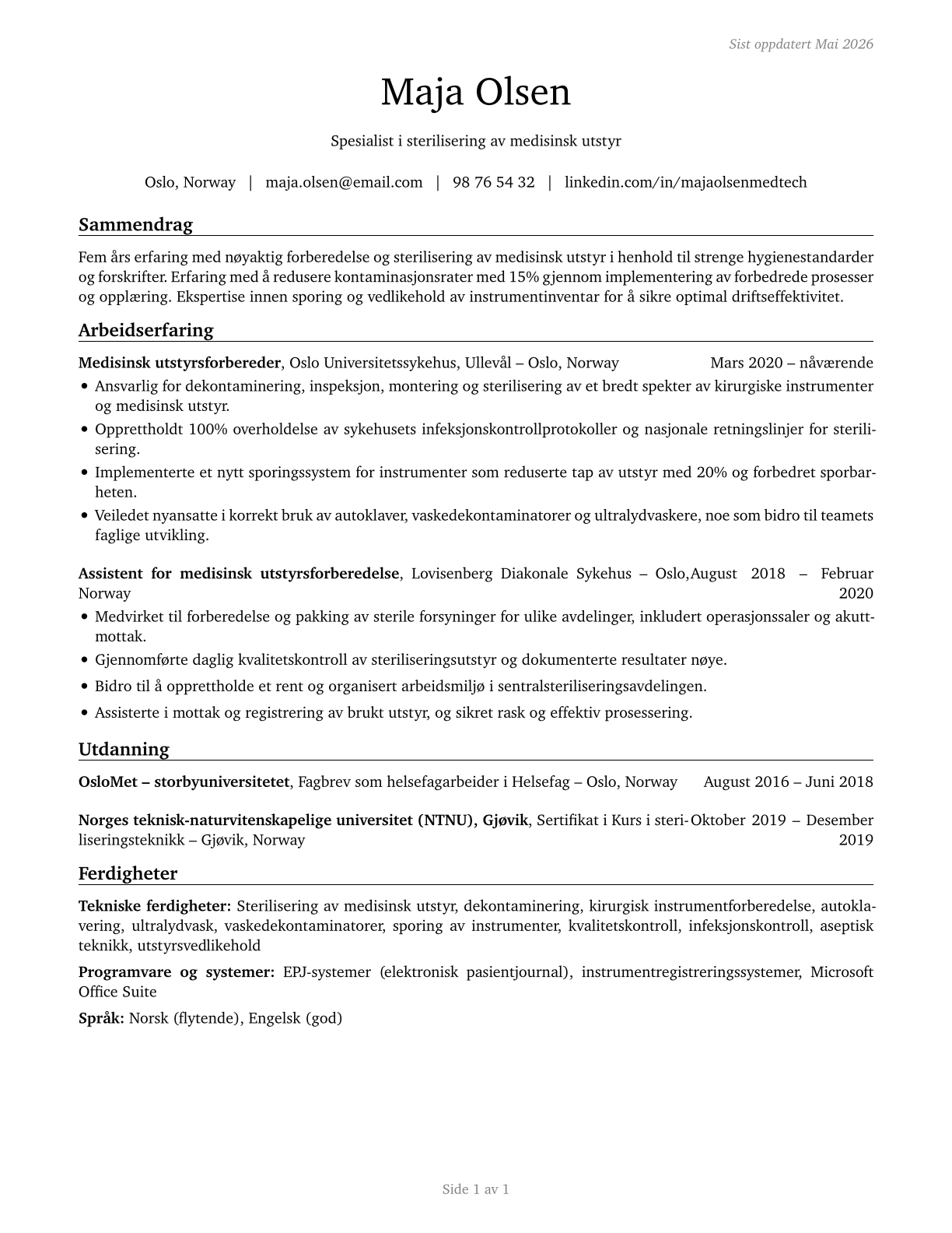 Medical Equipment Preparers CV in Norwegian_bokmal — page 1