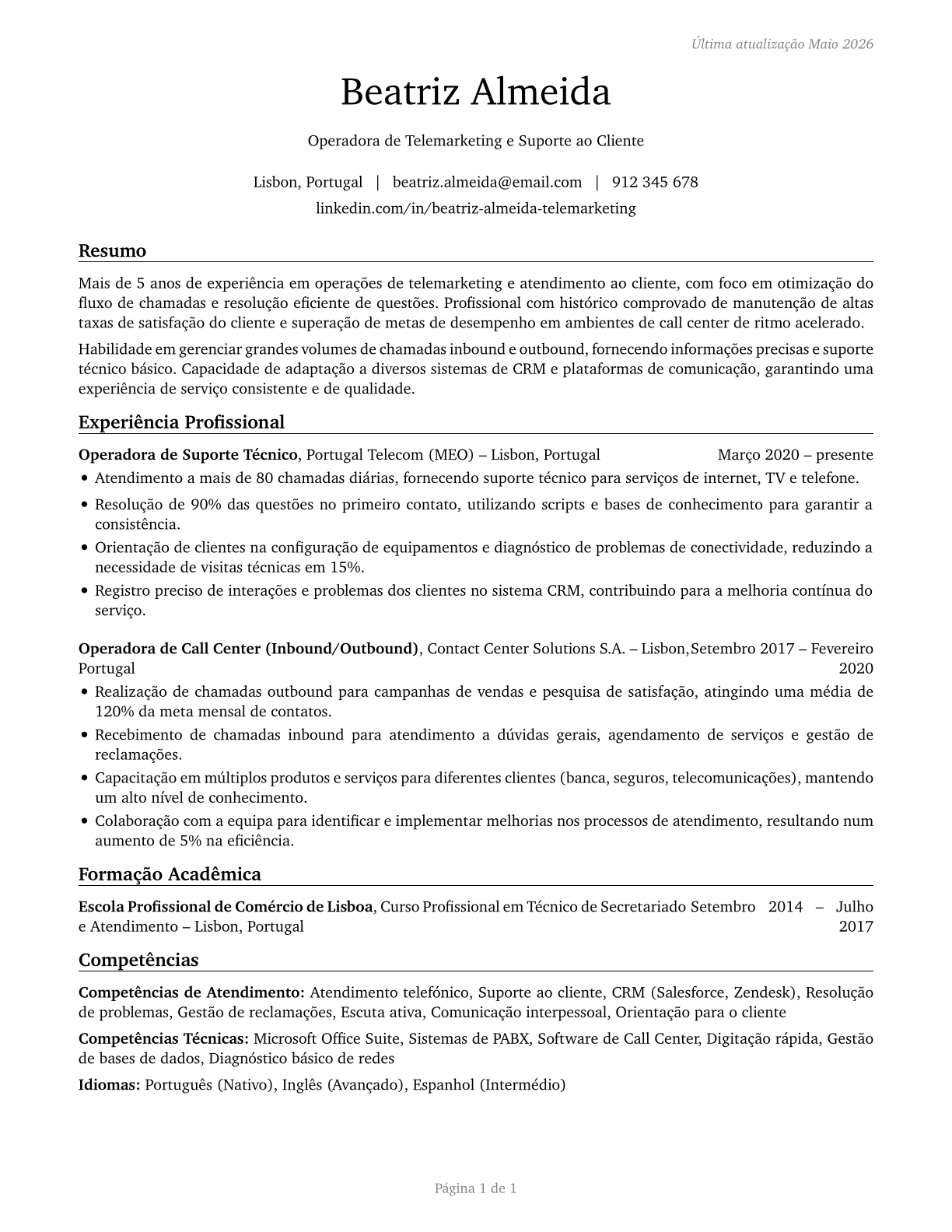 Telephone Operators CV in Portuguese — page 1