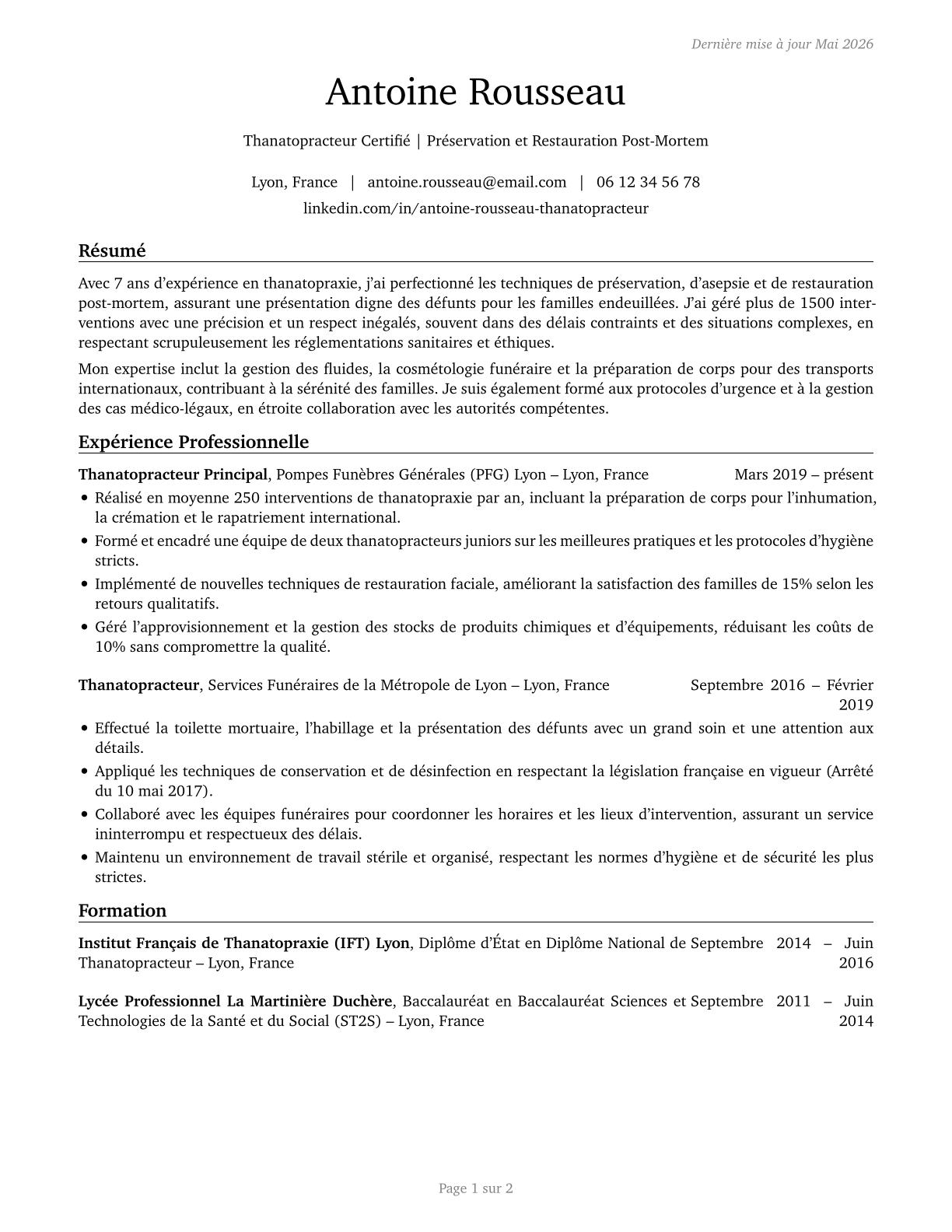 Embalmers CV in French — page 1