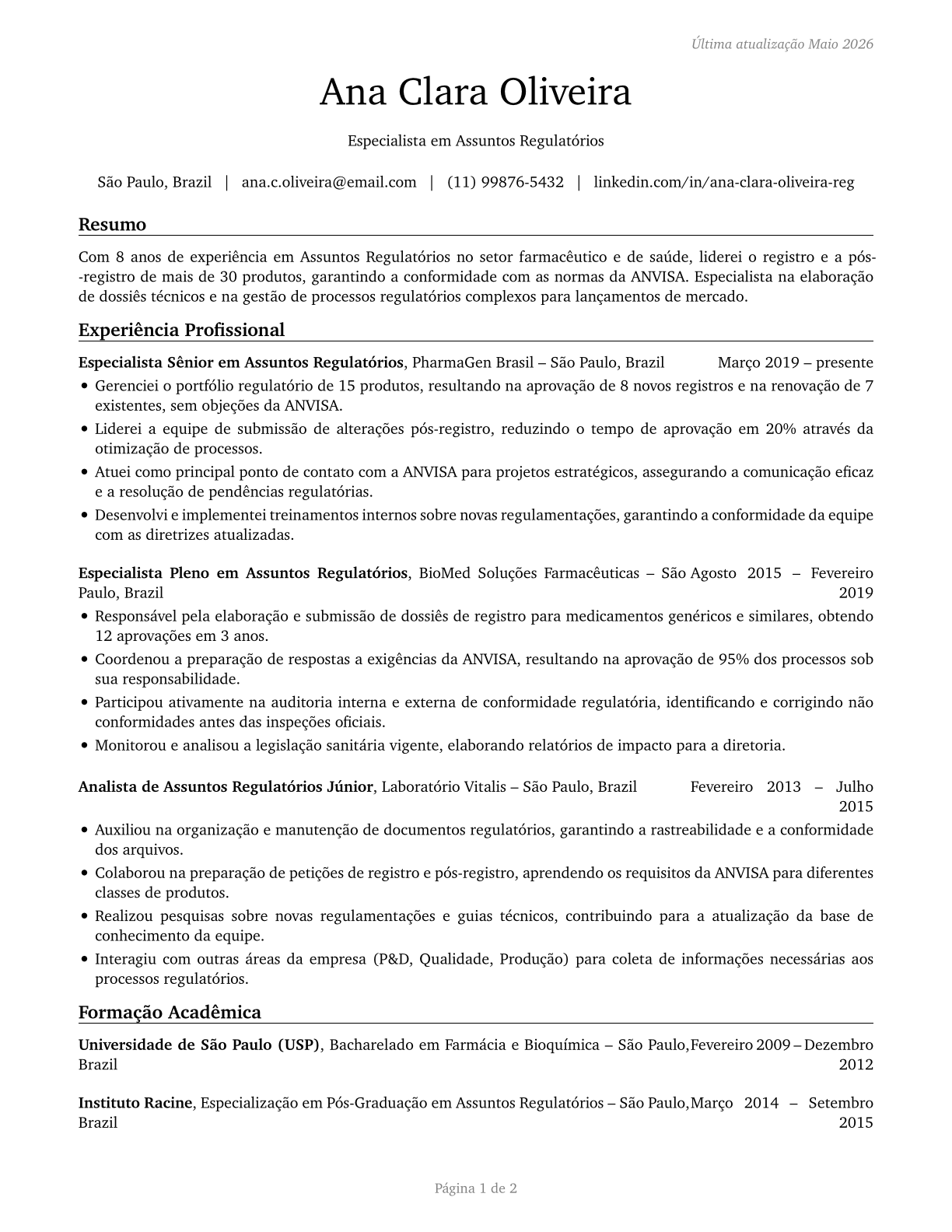 Regulatory Affairs Specialists CV in Portuguese — page 1
