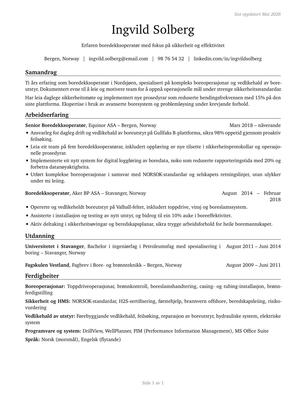 Derrick Operators, Oil and Gas CV in Norwegian_nynorsk — page 1