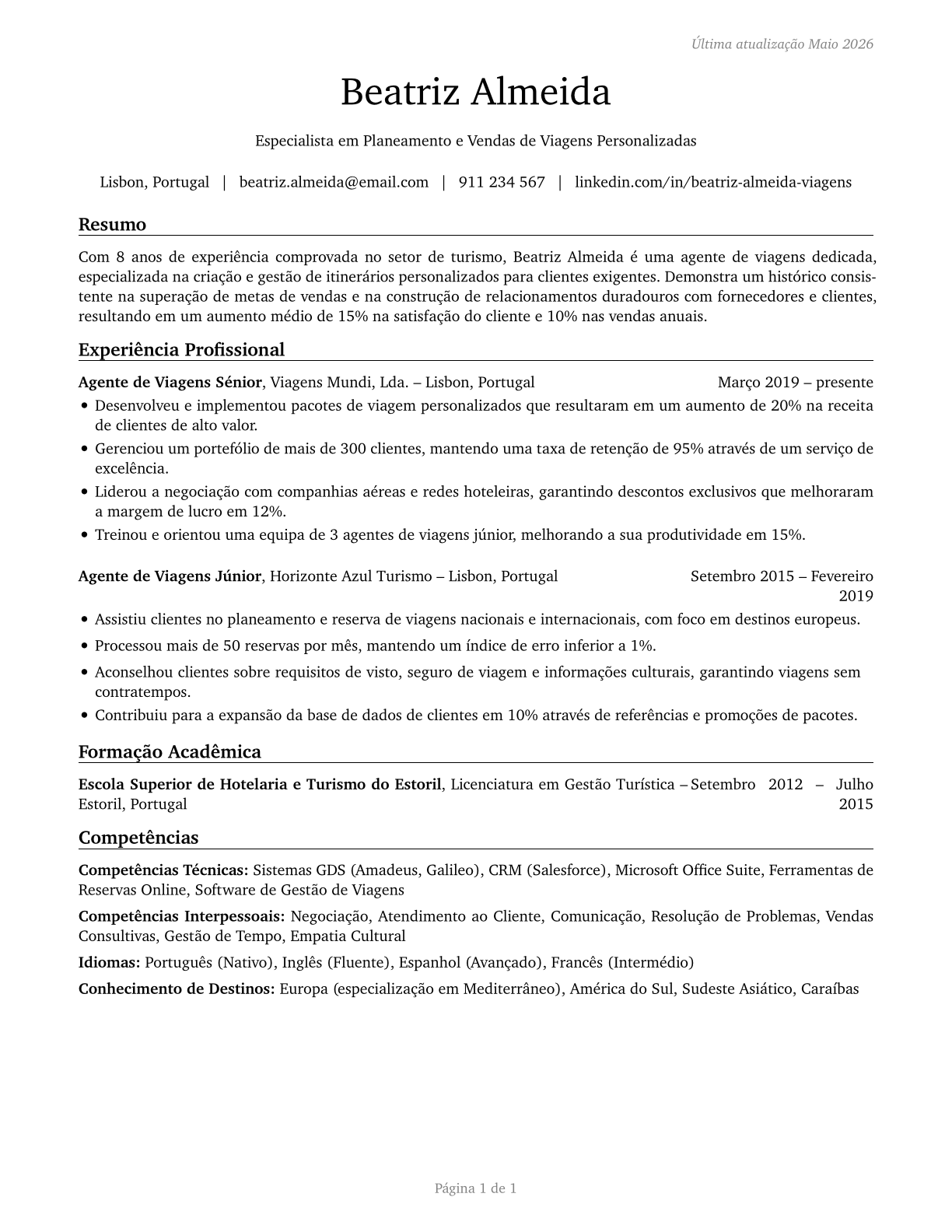 Travel Agents CV in Portuguese — page 1