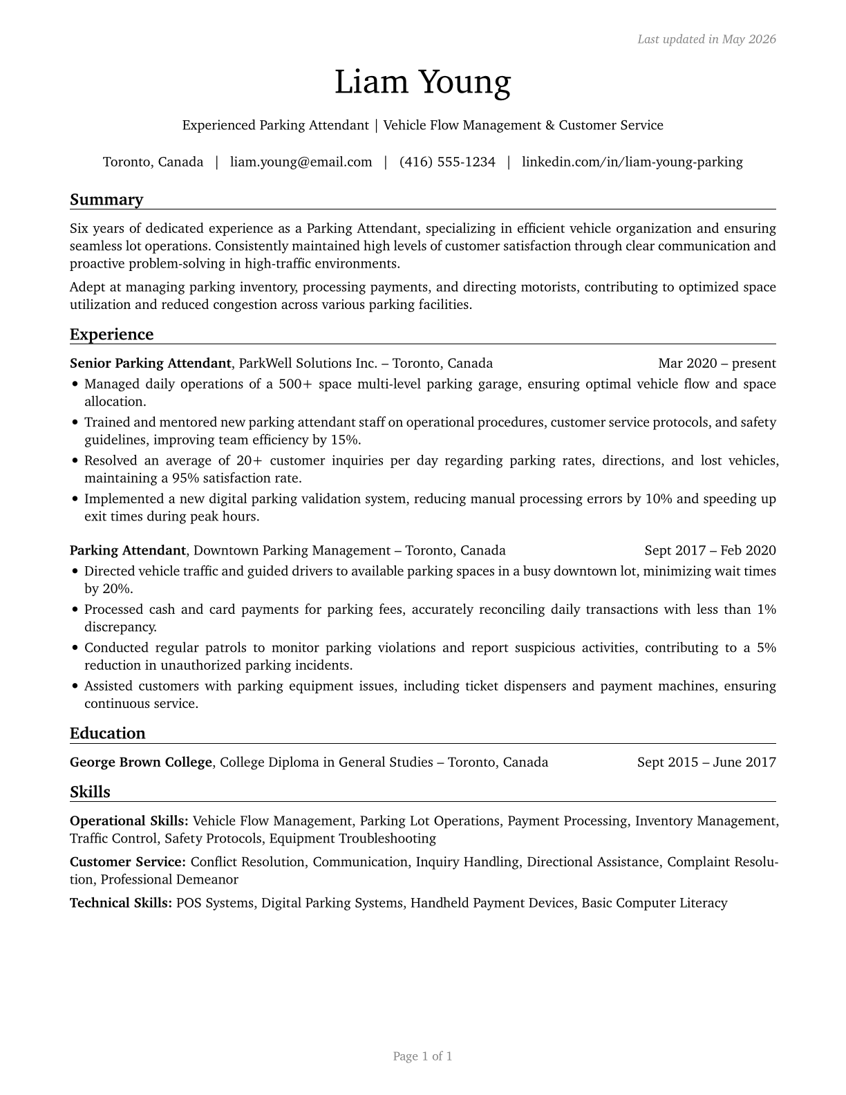 Parking Attendants CV in English — page 1