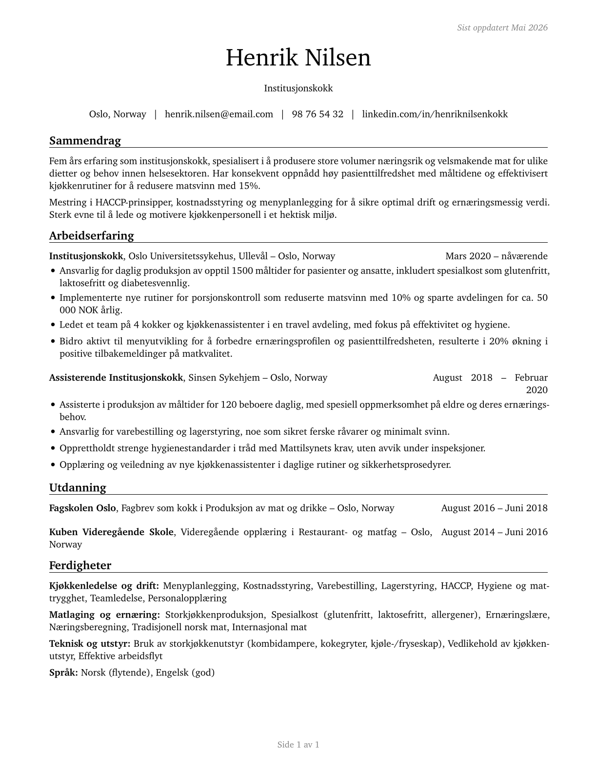 Cooks, Institution and Cafeteria CV in Norwegian_bokmal — page 1