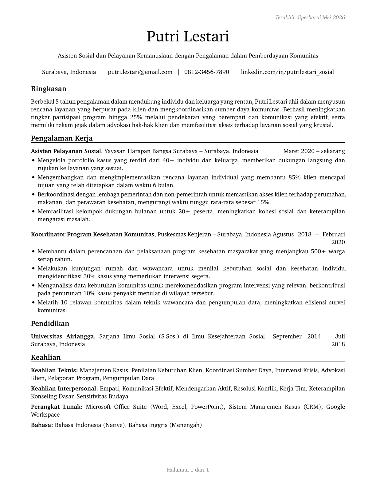 Social and Human Service Assistants CV in Indonesian — page 1