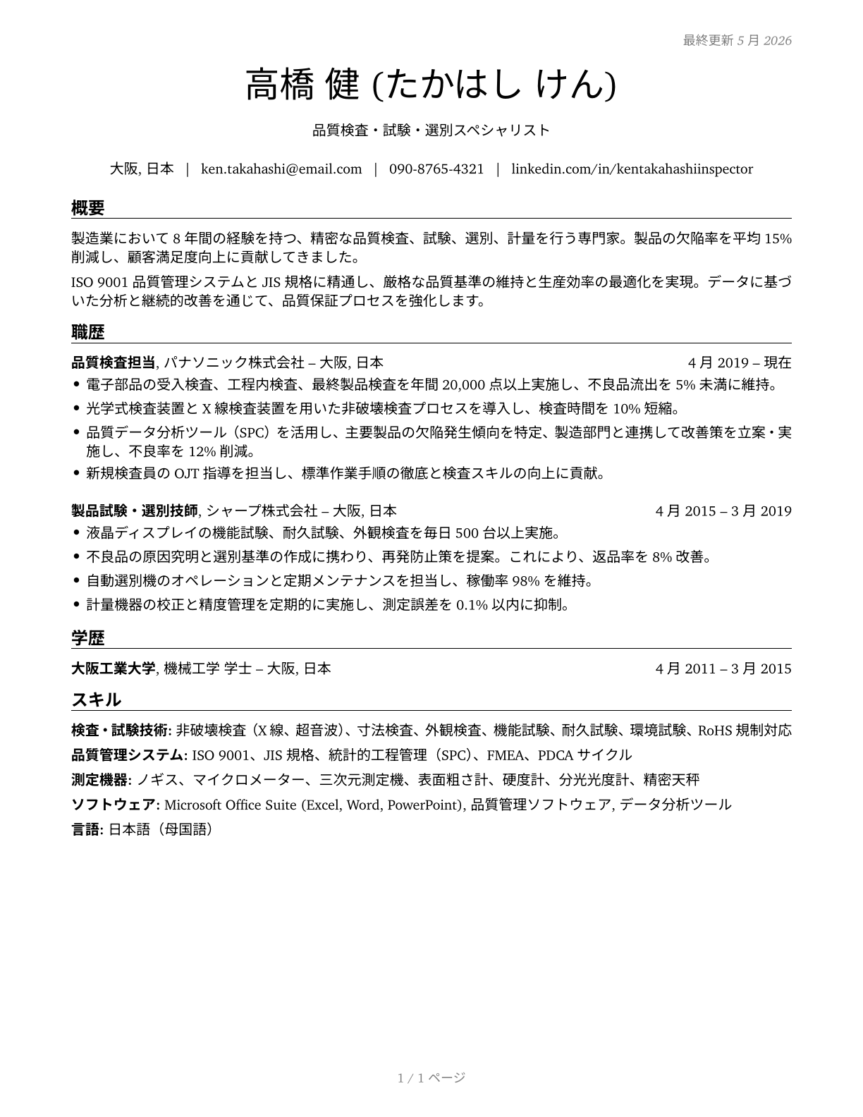 Inspectors, Testers, Sorters, Samplers, and Weighers CV in Japanese — page 1