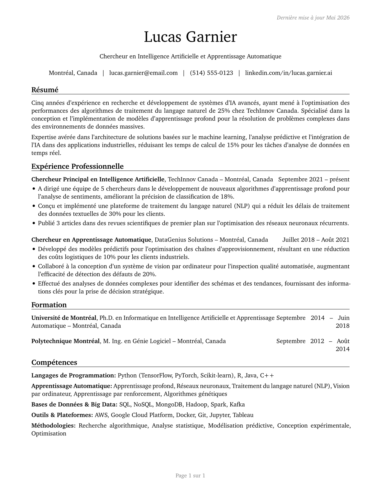 Computer and Information Research Scientists CV in French — page 1