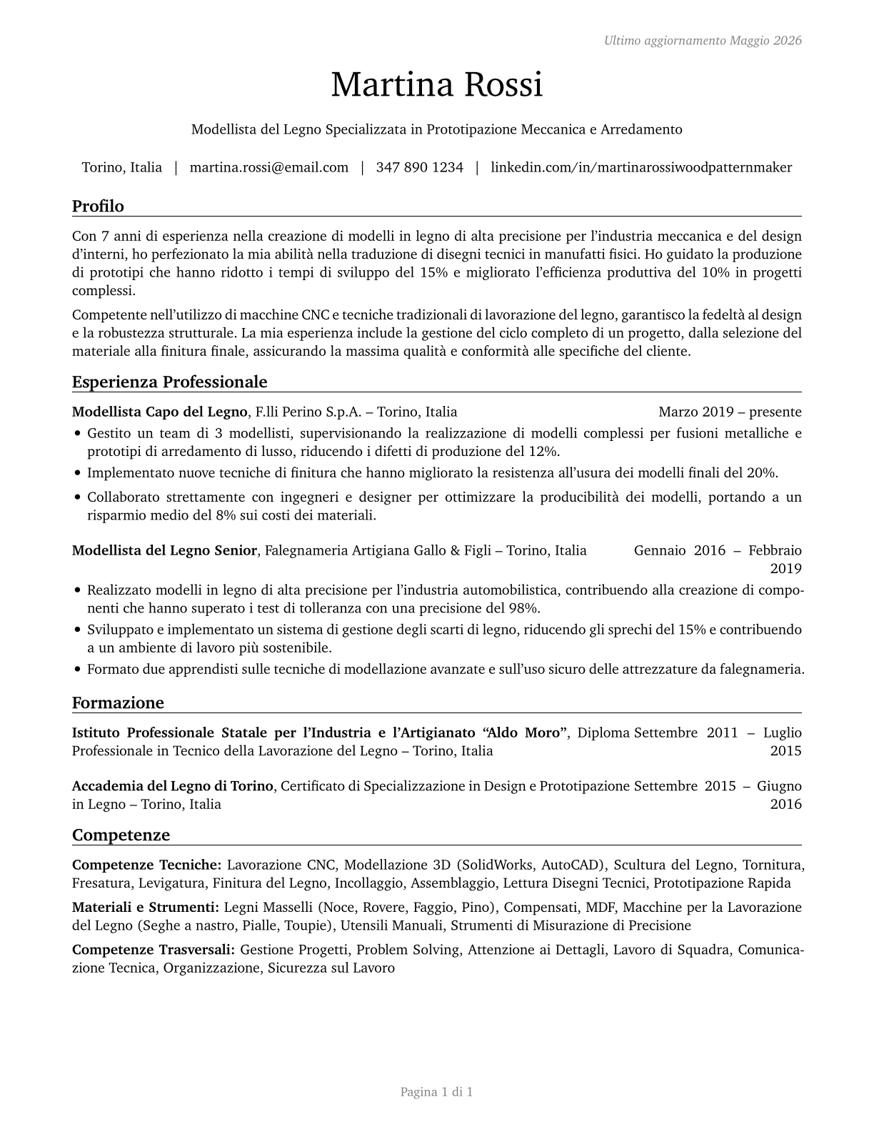 Patternmakers, Wood CV in Italian — page 1