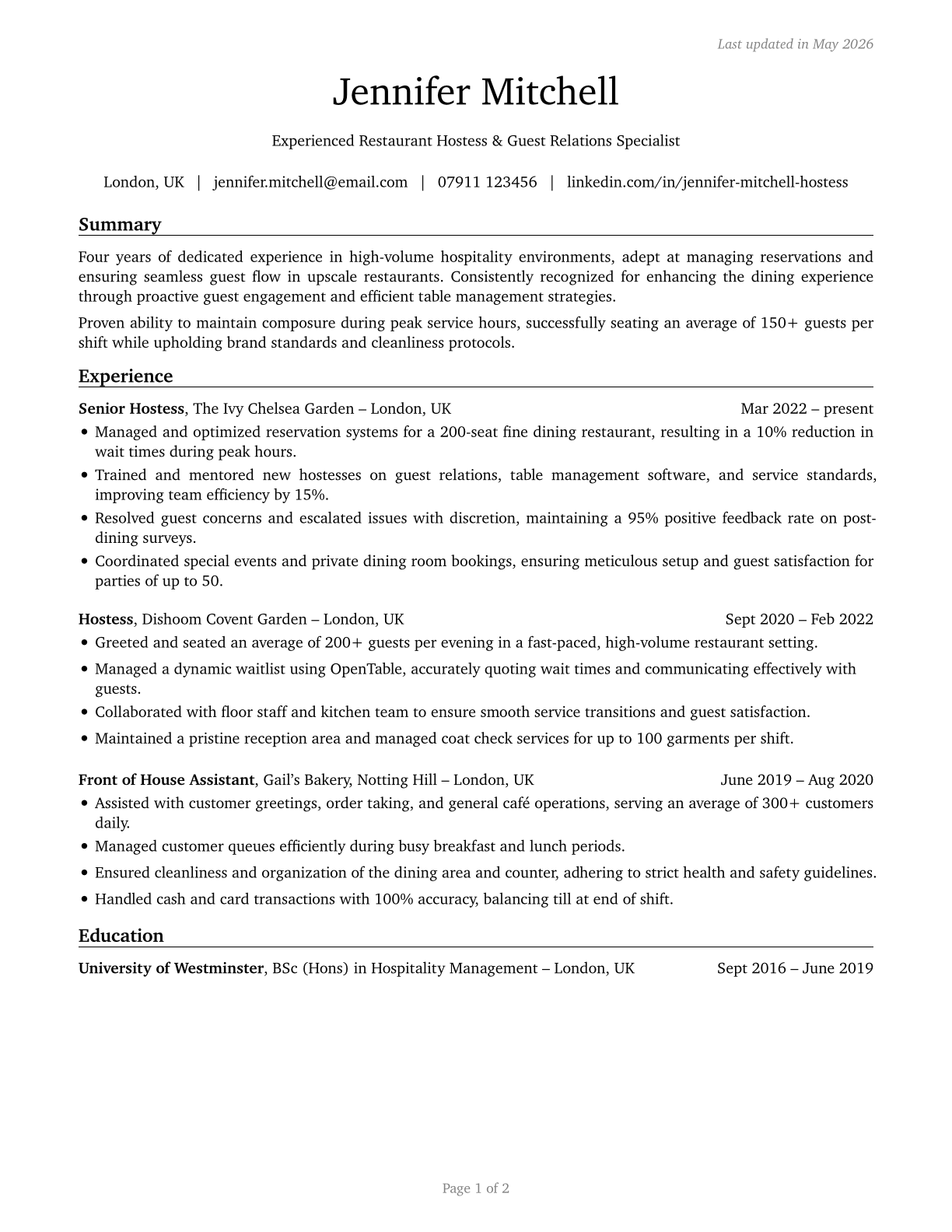 Hosts and Hostesses, Restaurant, Lounge, and Coffee Shop CV in English — page 1