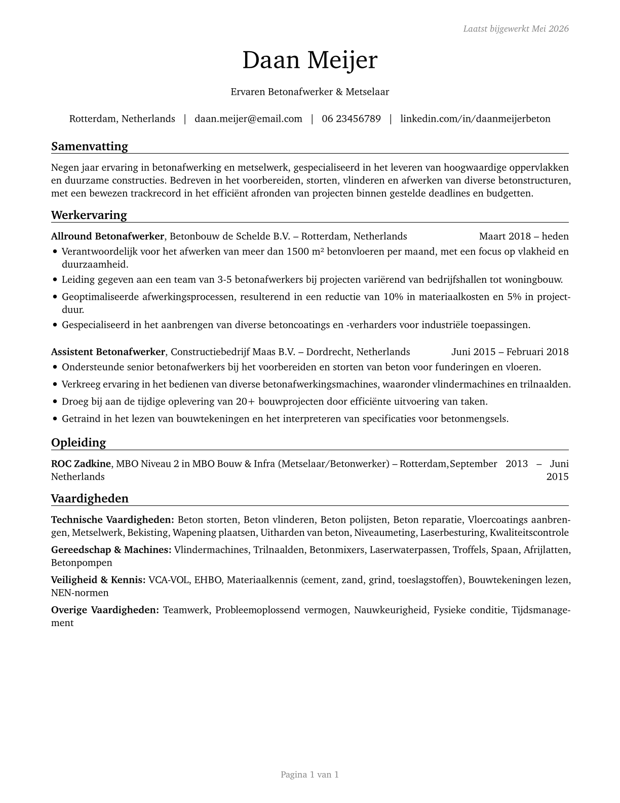 Cement Masons and Concrete Finishers CV in Dutch — page 1